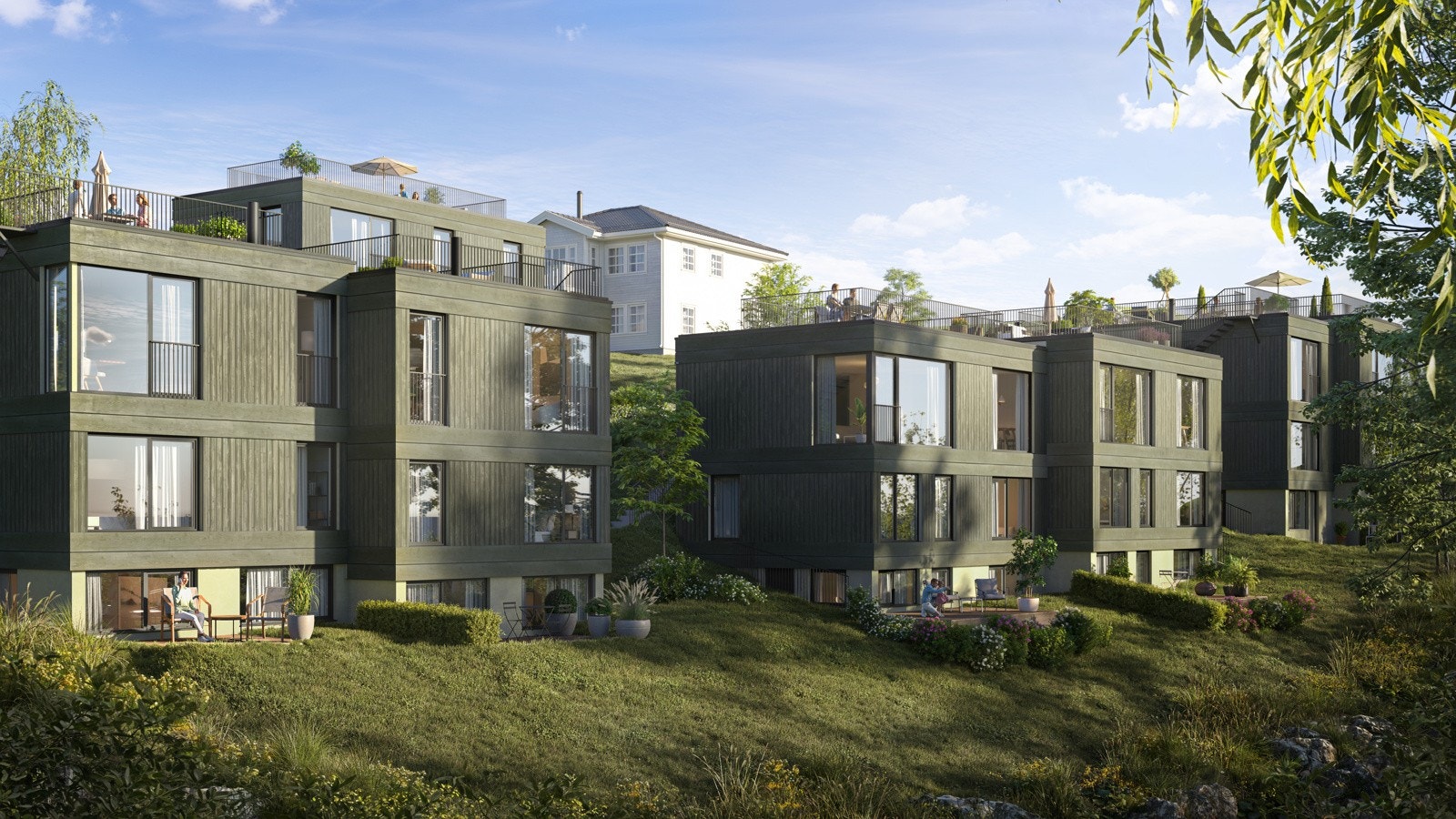 Illustrasjon uteområde - Avvik kan forekomme - Det presiseres at hekk/beplantning ikke leveres ferdig trimmet/i full høyde. Illustrasjonen er ment for å vise hvordan utearelene vil fremstå etter hvert. Galleribilde