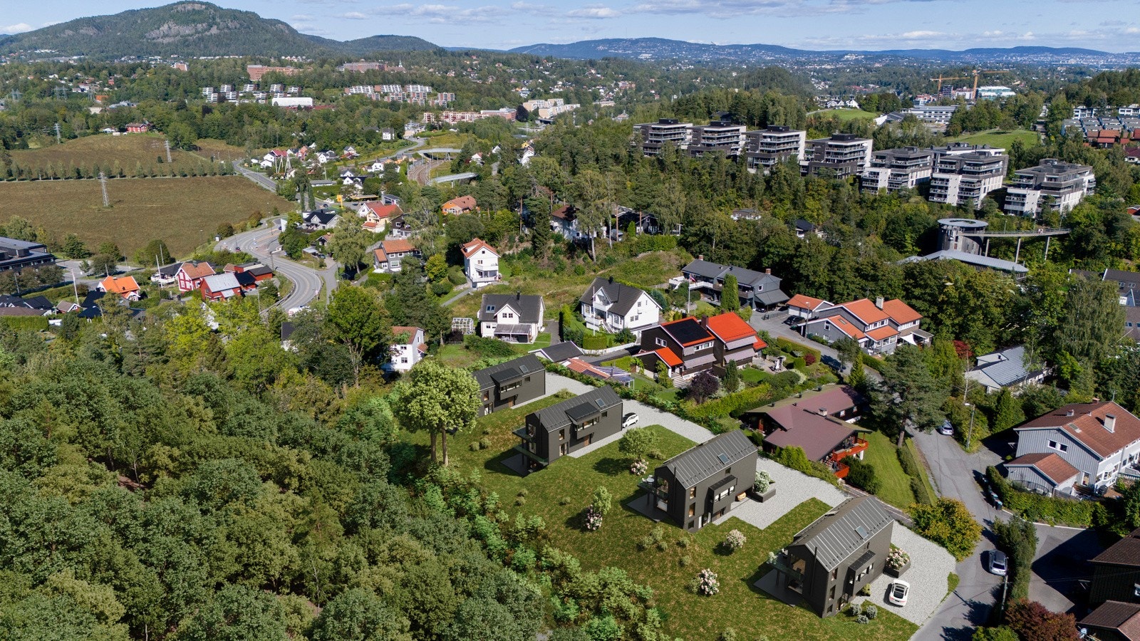 Dronebilde av prosjektet og nærområdet. Galleribilde