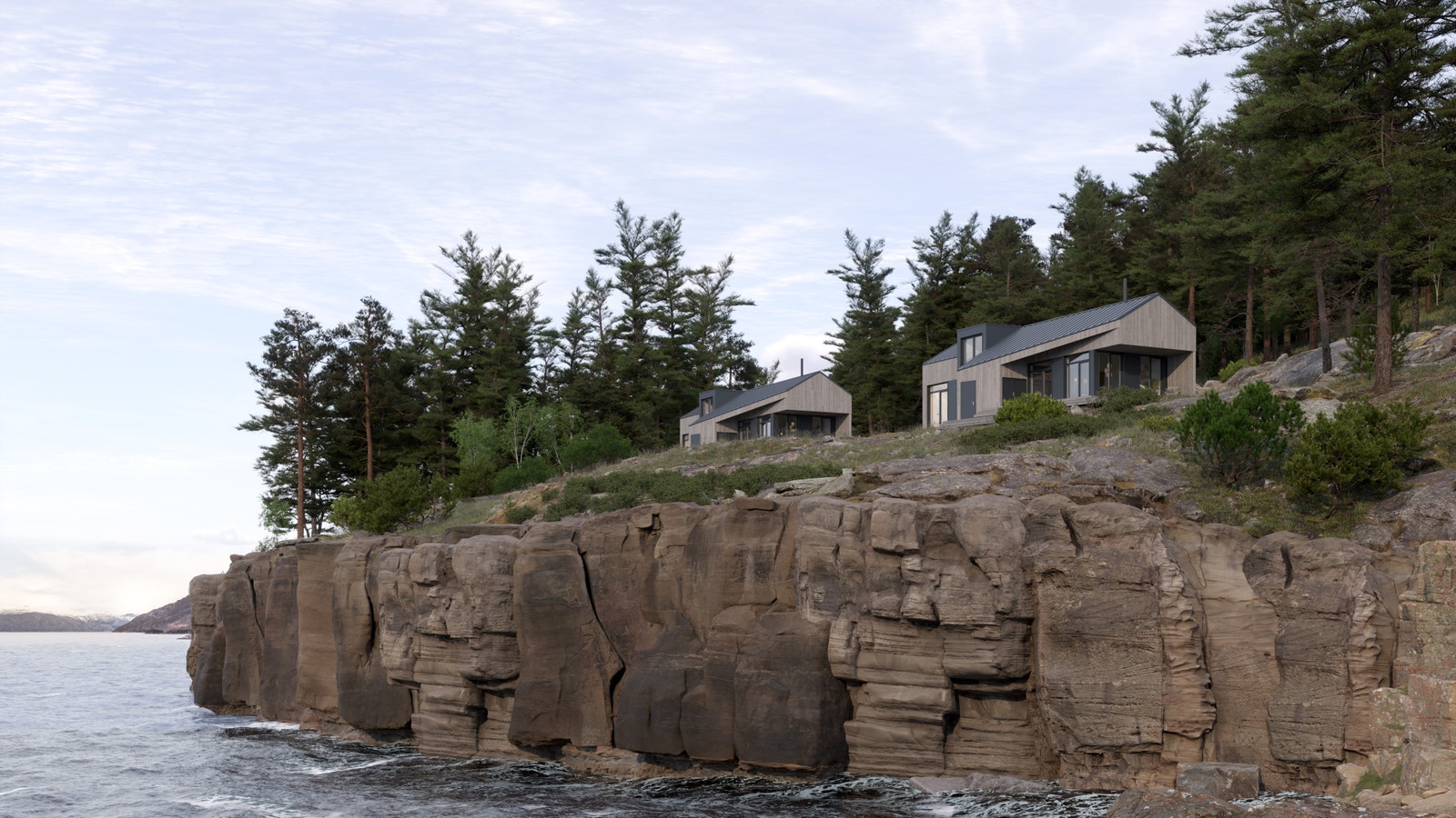 Hyttene har flott utsikt, gode solforhold og en usjenert plassering i et naturnært og rolig område. Illustrasjoner. Galleribilde