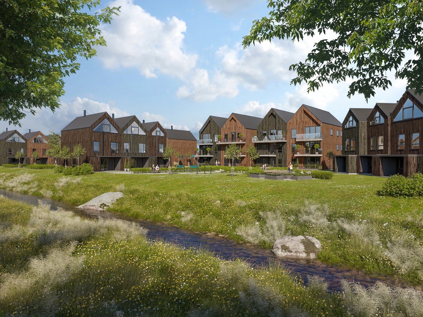 Det skal opparbeides fellesområder med lekeplass. Illustrasjon av eksteriør. Avvik vil forekomme. Galleribilde