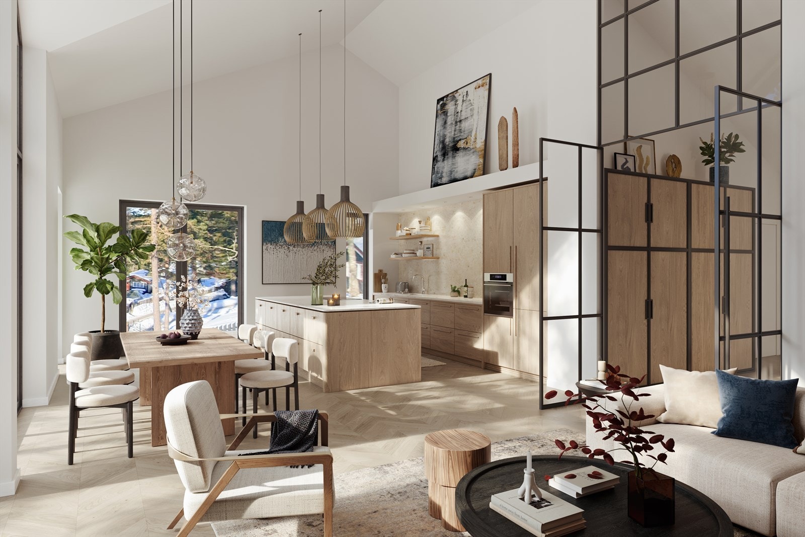 Alle leiligheter har samme eksklusive stil og smakfulle innredning. Her får du vannbåren varme, balansert ventilasjon, lekker parkett, delikate fliser og stilrene kjøkken/bad. Illustrasjonsfoto fra leilighet C. Galleribilde