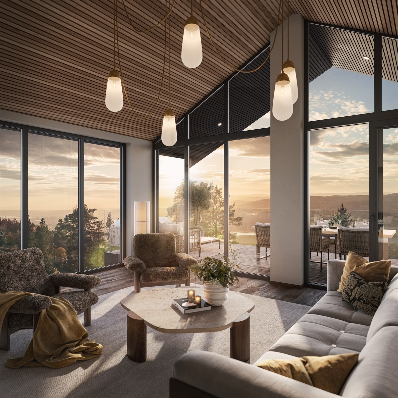 De store vindusflatene og den gode takhøyden gir mye lys og fantastisk utsyn fra leilighetene. Illustrasjonsfoto fra leilighet A. Galleribilde