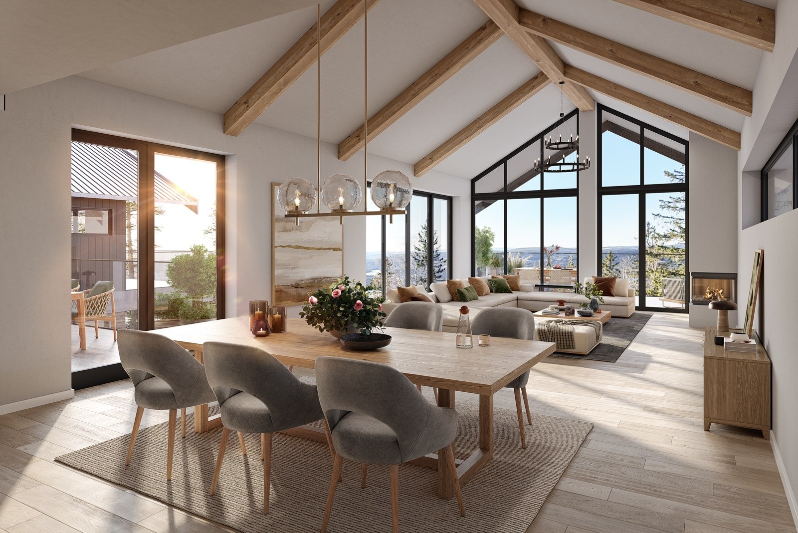 Stue og kjøkken vil være i åpen løsning - et nydelig rom med store vindusflater, flott lys og stemningsfull peis. Illustrasjonsfoto fra leilighet B. Galleribilde