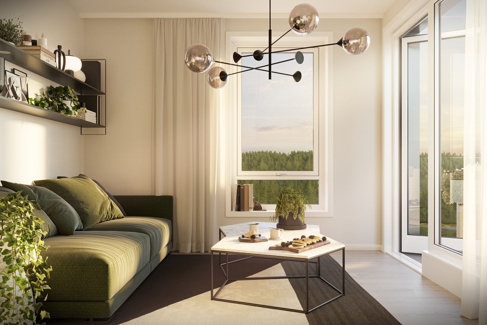 Stuen er lys med store vindusflater og mye lysinnfall Galleribilde