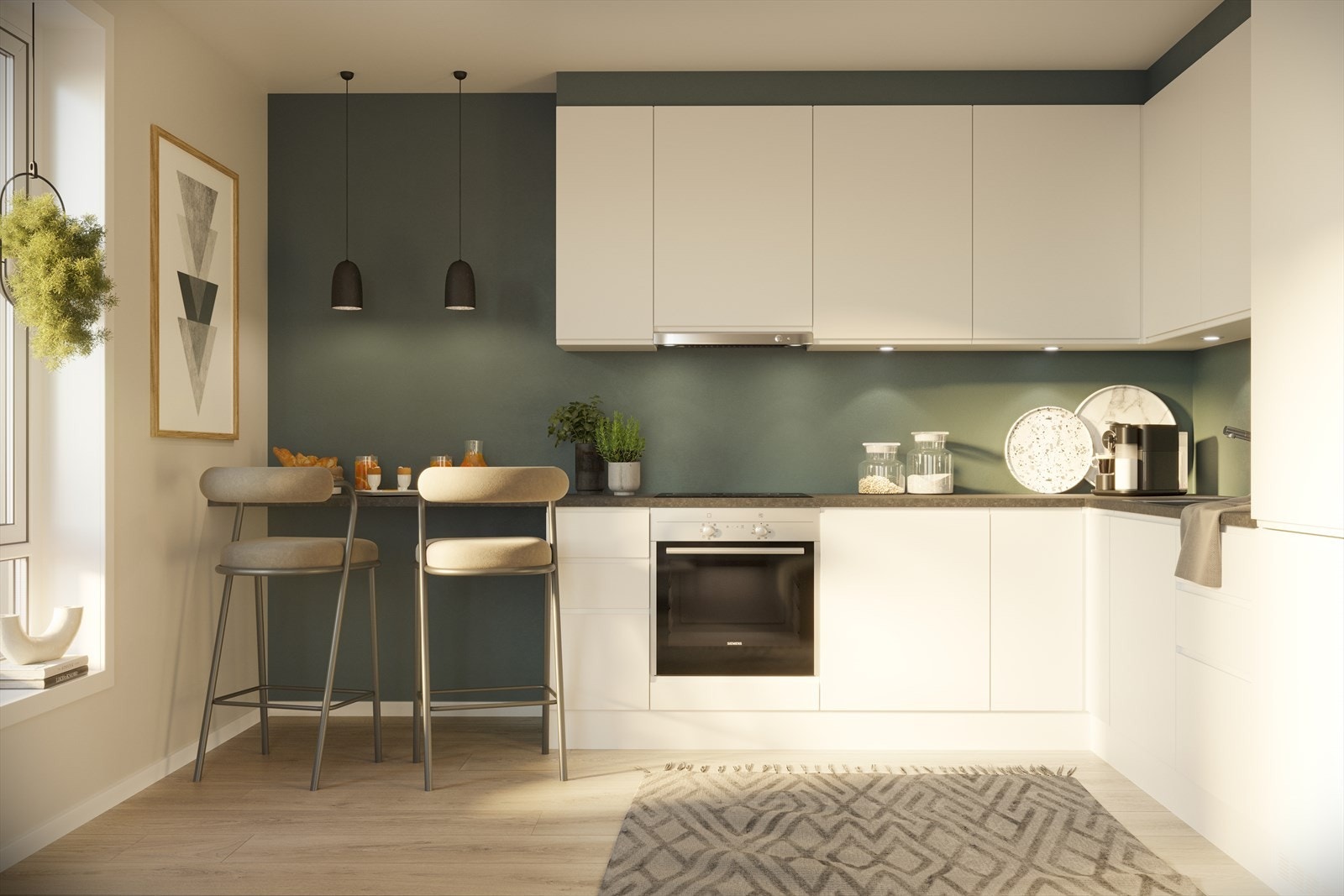 Kjøkkenet har integrert komfyr, kjølfryseskap og oppvaskmaskin Galleribilde