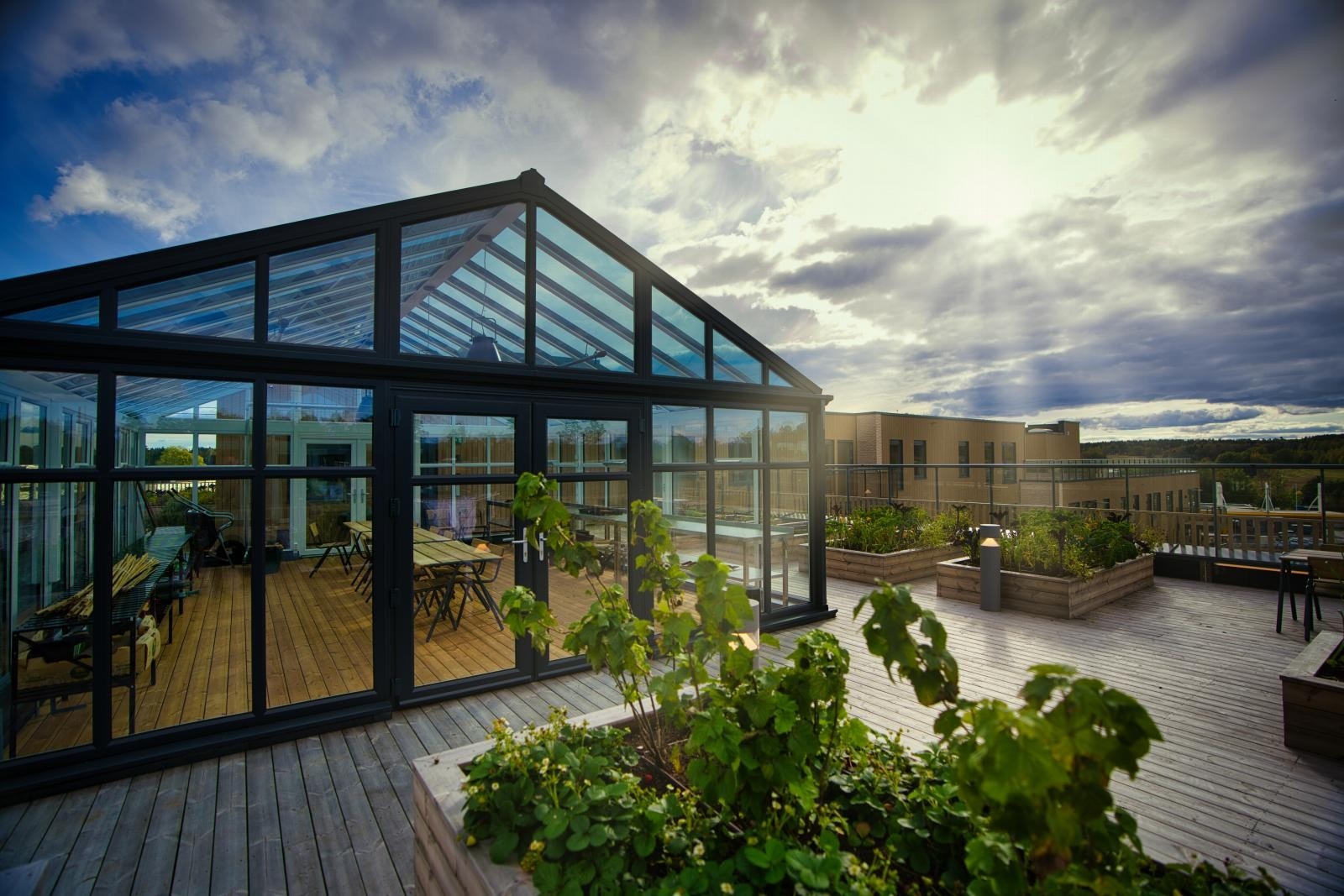 Det er satt opp dyrkekasser på takterrassen som allerede er gjort klart for beboerne. Galleribilde