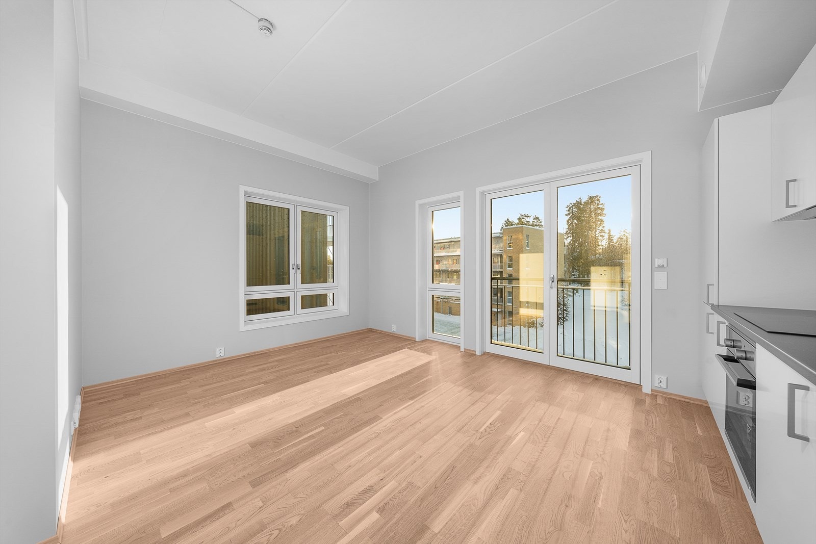 Store vinduer og fransk balkong bidrar til godt lysinnslipp Galleribilde