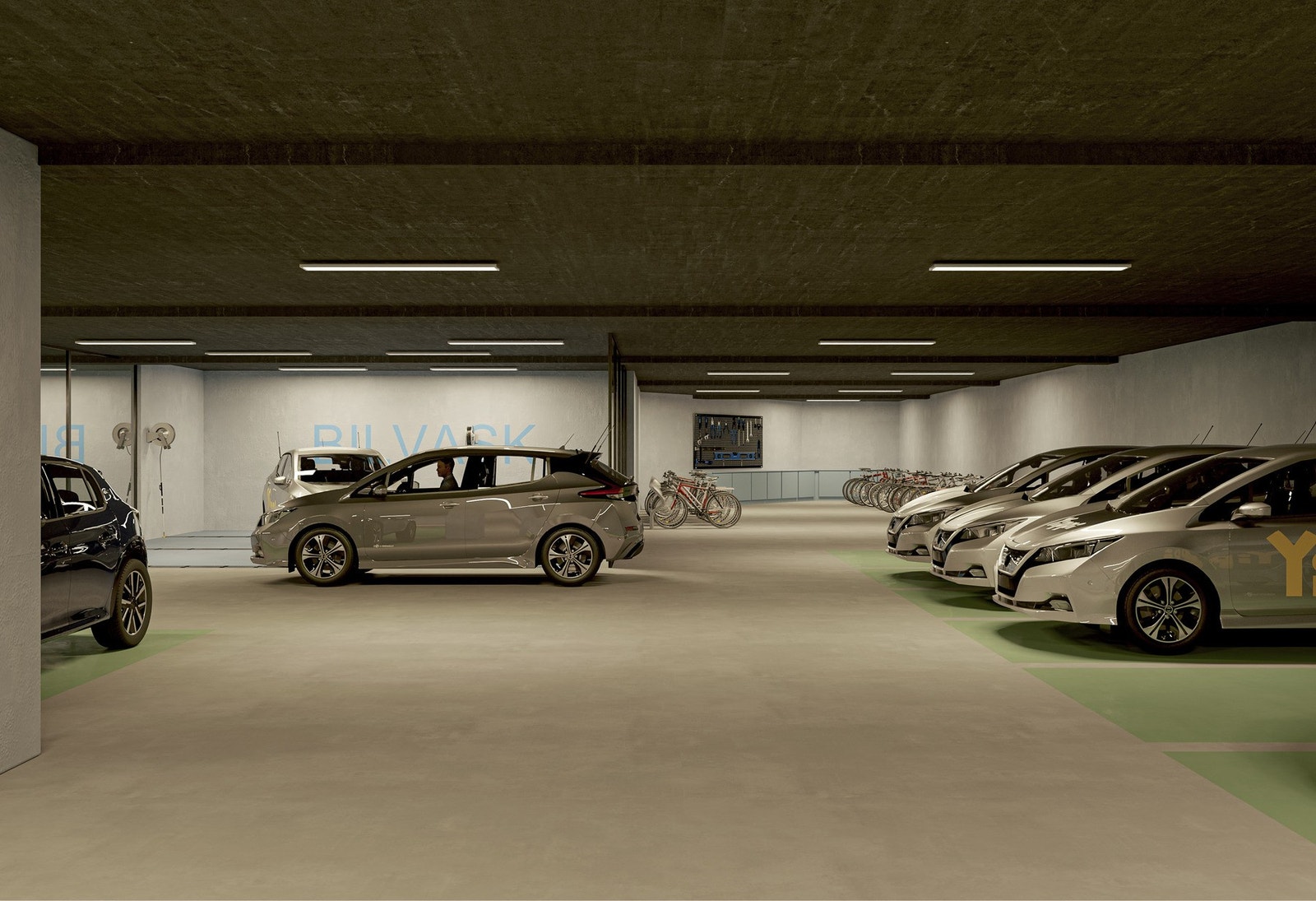 Den enkelte beboer kan inngå langsiktig leieavtale med sameiet for leie av p-plass i parkeringskjeller, konf. megler. Illustrasjon, avvik vil forekomme. Galleribilde