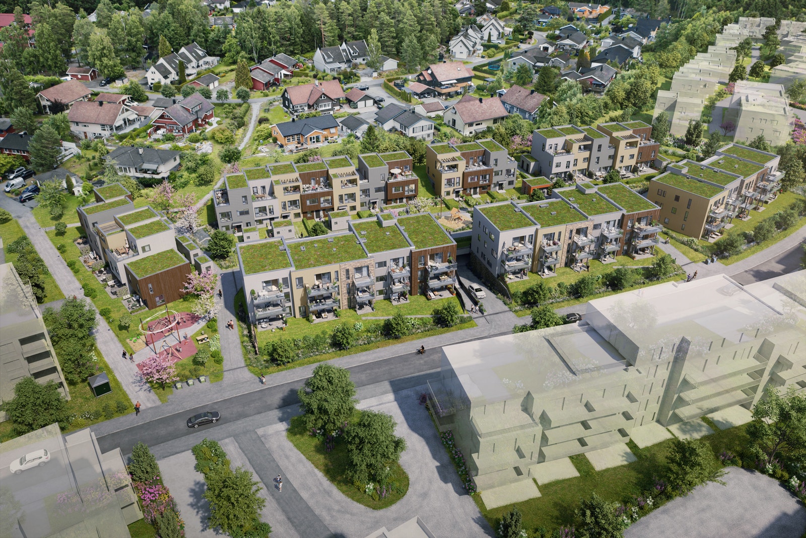 Illustrasjon - Prosjektet består av rekkehus og leiligheter Galleribilde