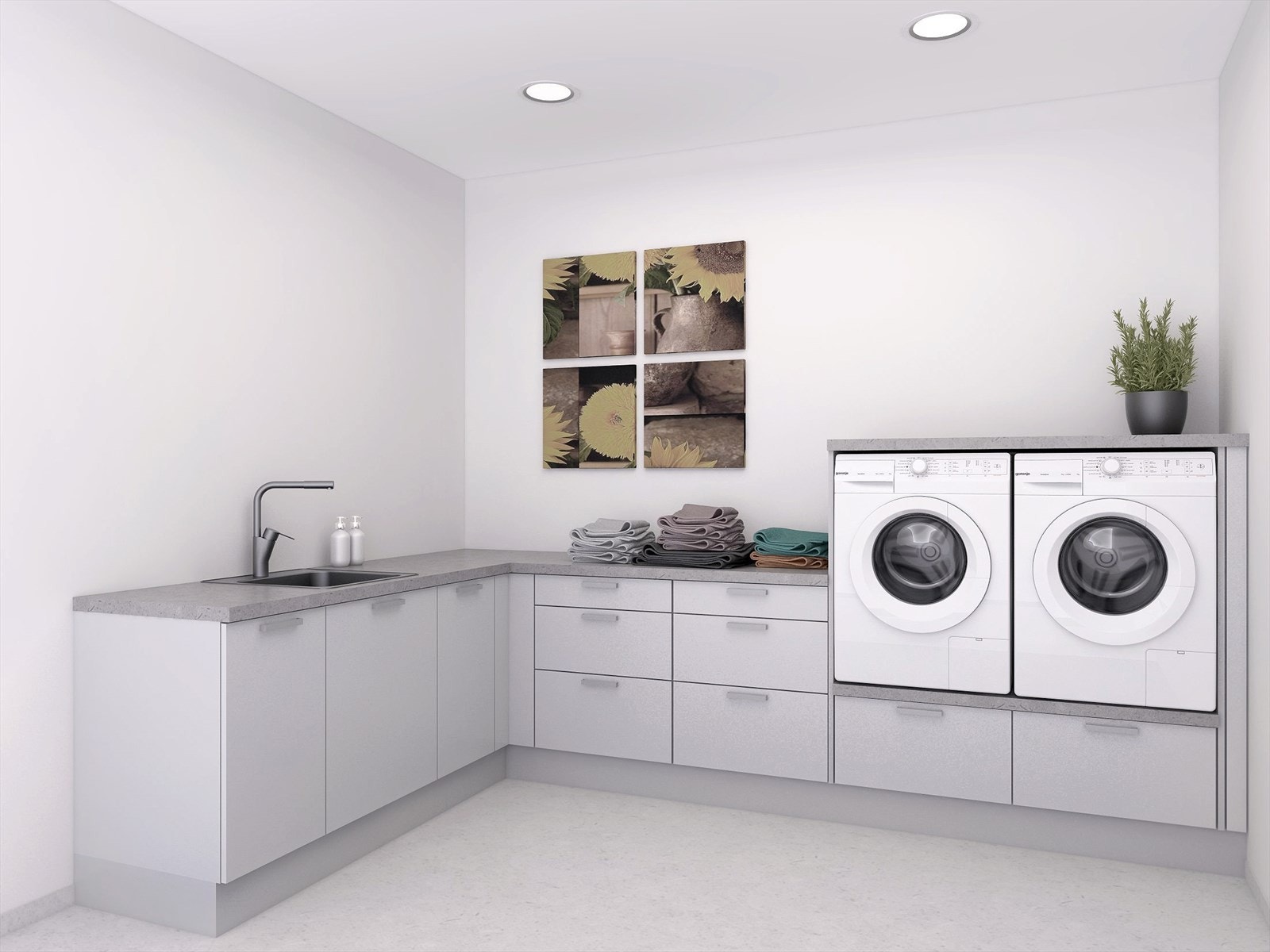 Illustrasjon vaskerom. Boligen leveres med balansert ventilasjon og oppføres iht. TEK 17. Oppvarming med varmekabler, varmepumpe og vedovn. Galleribilde