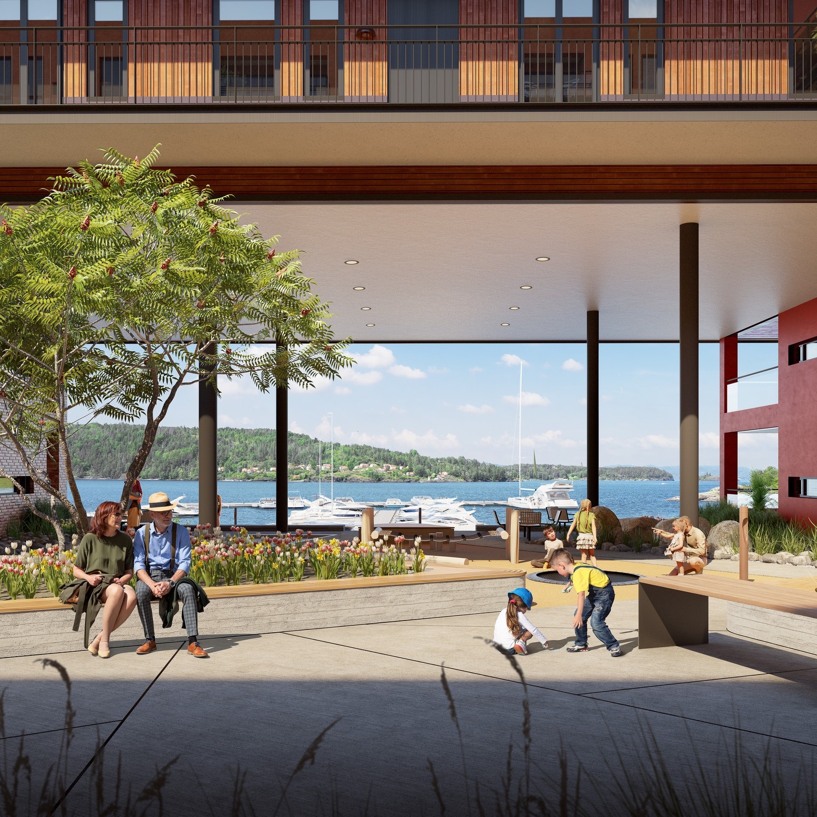 Mellom byggene danner det seg fine sosiale soner Galleribilde