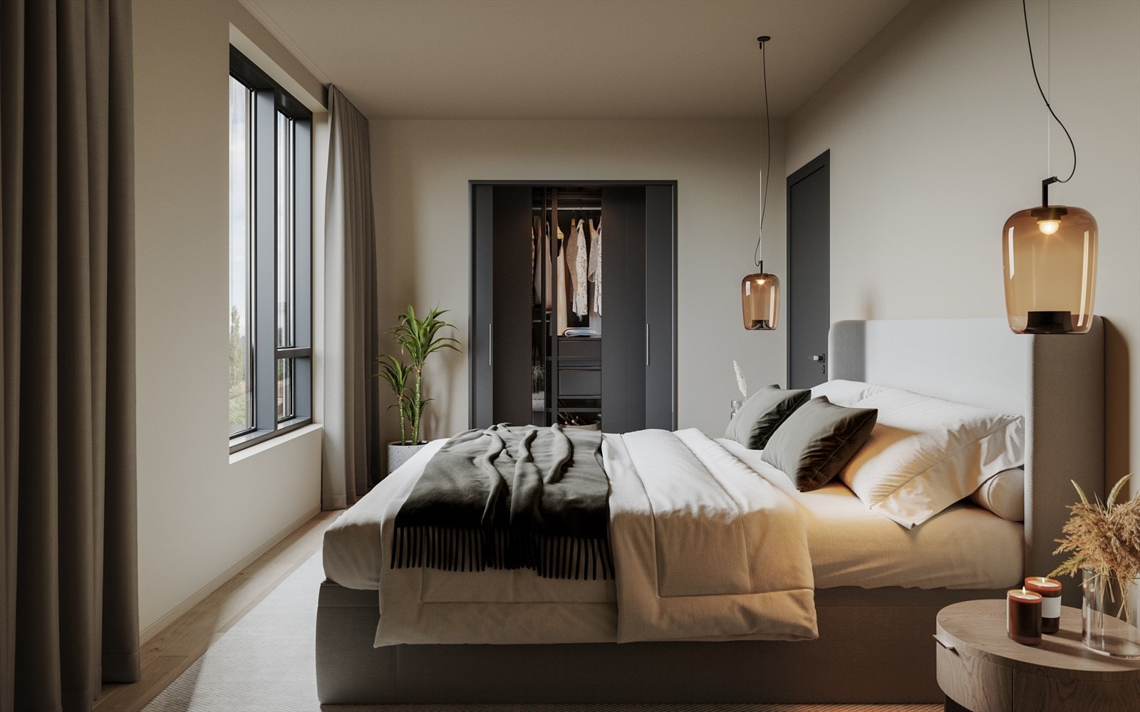 Med mørke dører og karmer, behagelig brunbeige farge på vegg og listefritt utførelse gir dette elegant stil over leilighetene. Galleribilde