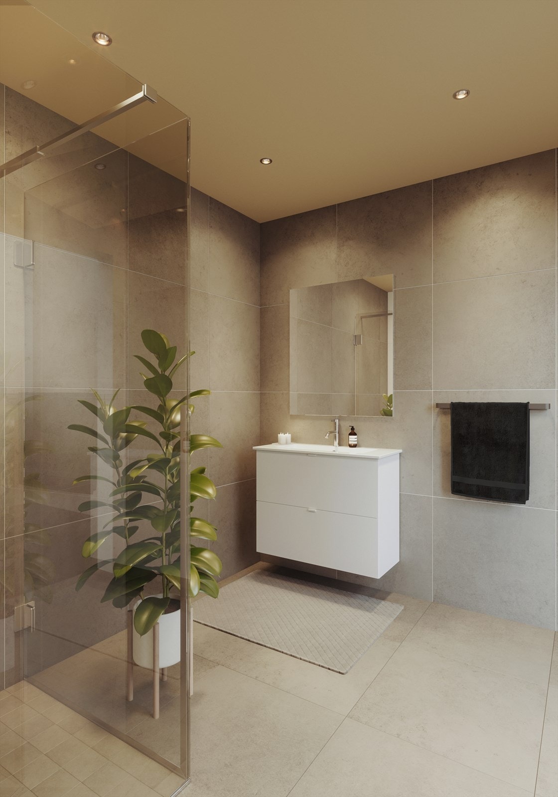 Badet leveres flislagt (60x60) med downlights i himling og moderne innredning. Galleribilde