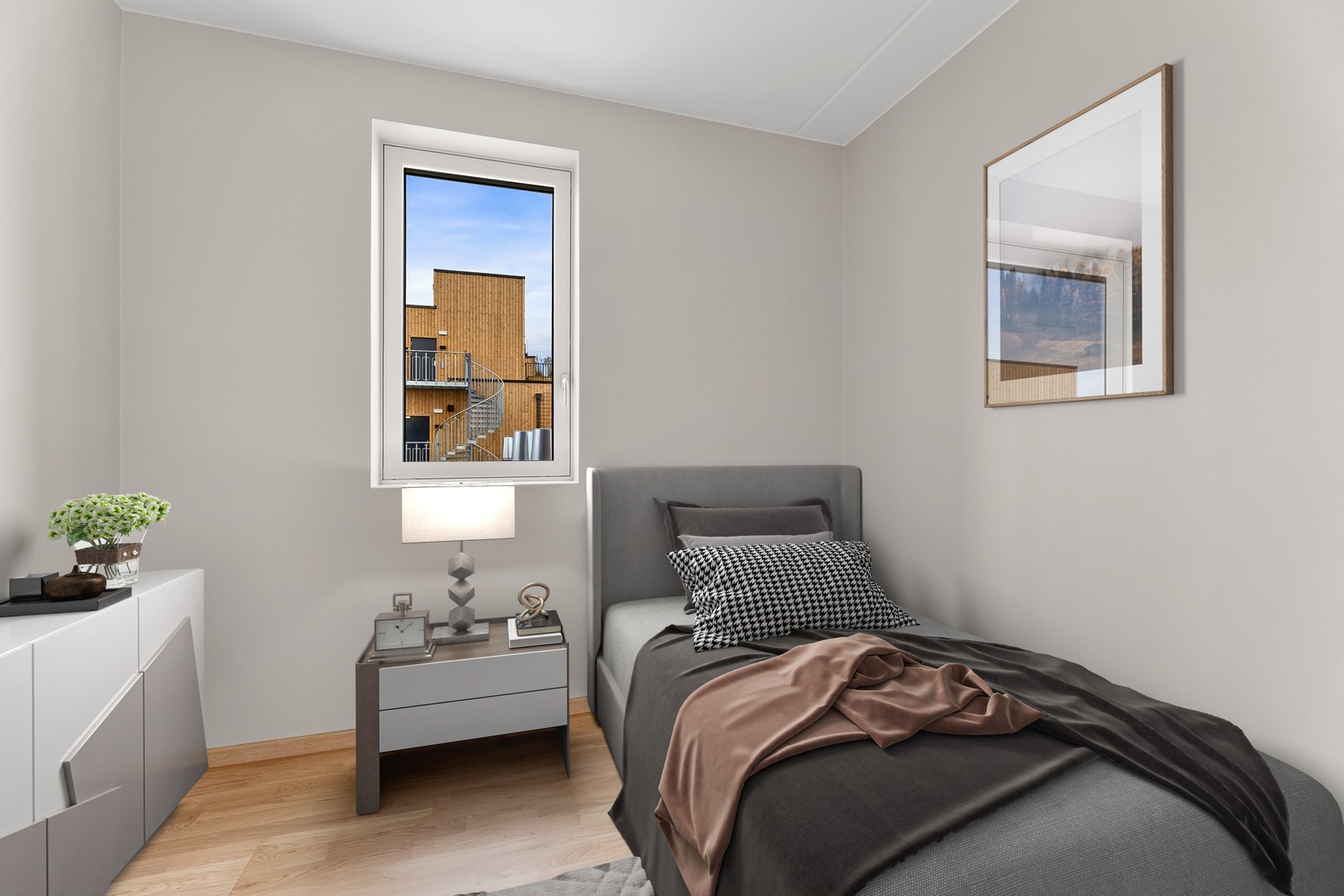 Soverom 2 og 3 er romslige og kan enkelt innredes som barnerom, gjesterom eller kontor. Bildet er digitalt innredet, avvik vil forekomme Galleribilde