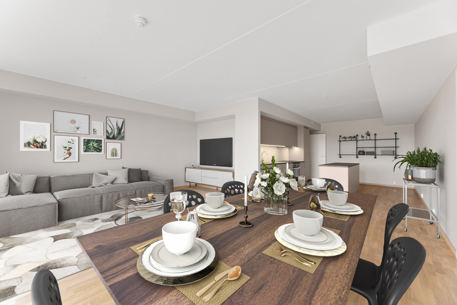 Leiligheten har et stilrent kjøkken med god benkeplass og rikelig oppbevaring, ideelt for matlaging. Bildet er digitalt innredet, avvik vil forekomme Galleribilde