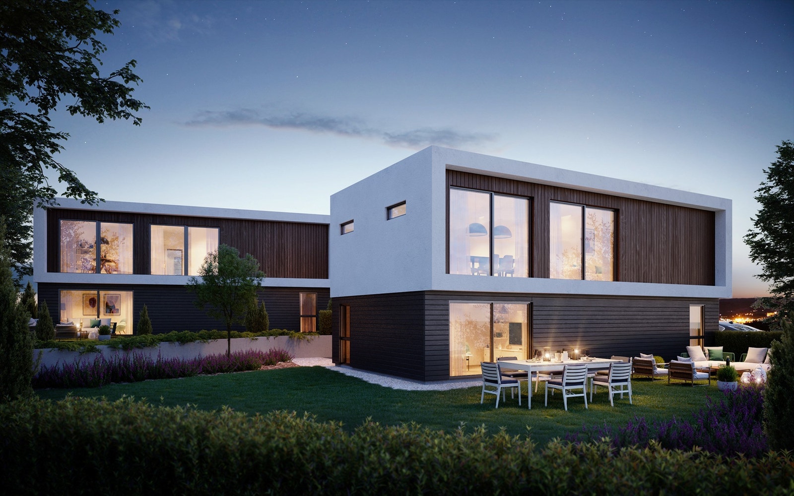 3D perspektiv sett fra Skeisvollsvegen. Det vil bli satt opp støyskjerm mellom tomtene og Skeisvollsvegen. NB! Det er gjort noen justering på tegning med fasade og plan etter at 3D perspektivet ble laget. Galleribilde