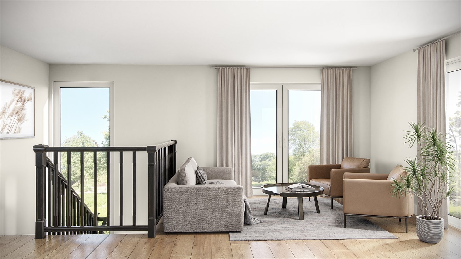 Utgang til solrik uteplass som vender sørvest. Store vindusflater gir gode lysforhold. Bildet er kun ment å være av illustrativ karakter og avvik kan forekomme. Illustrasjoner kan vise elementer og tilvalg Galleribilde