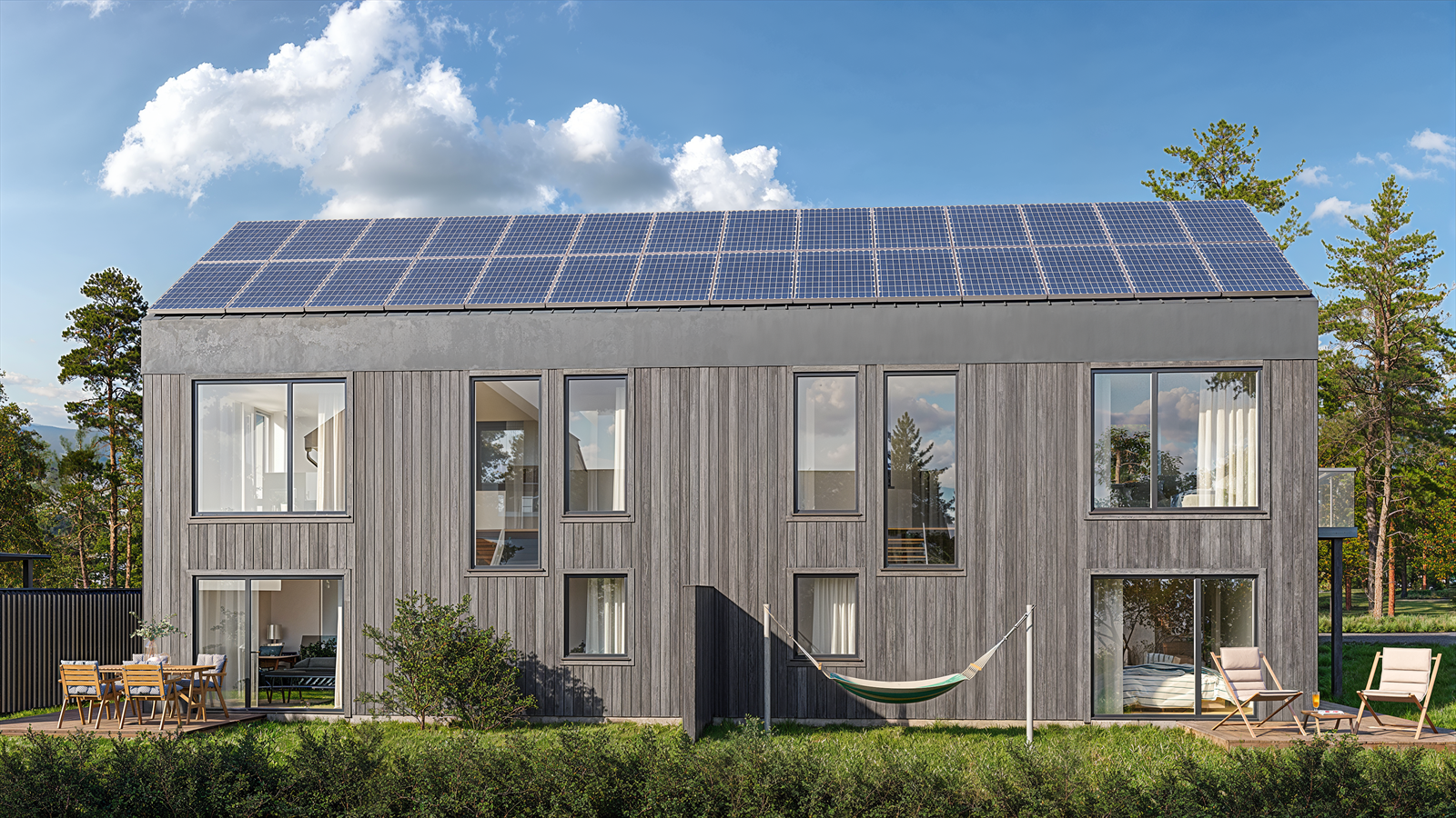 Hele taket tekkes med solcellepanel slik at du kan produsere din egen strøm Galleribilde