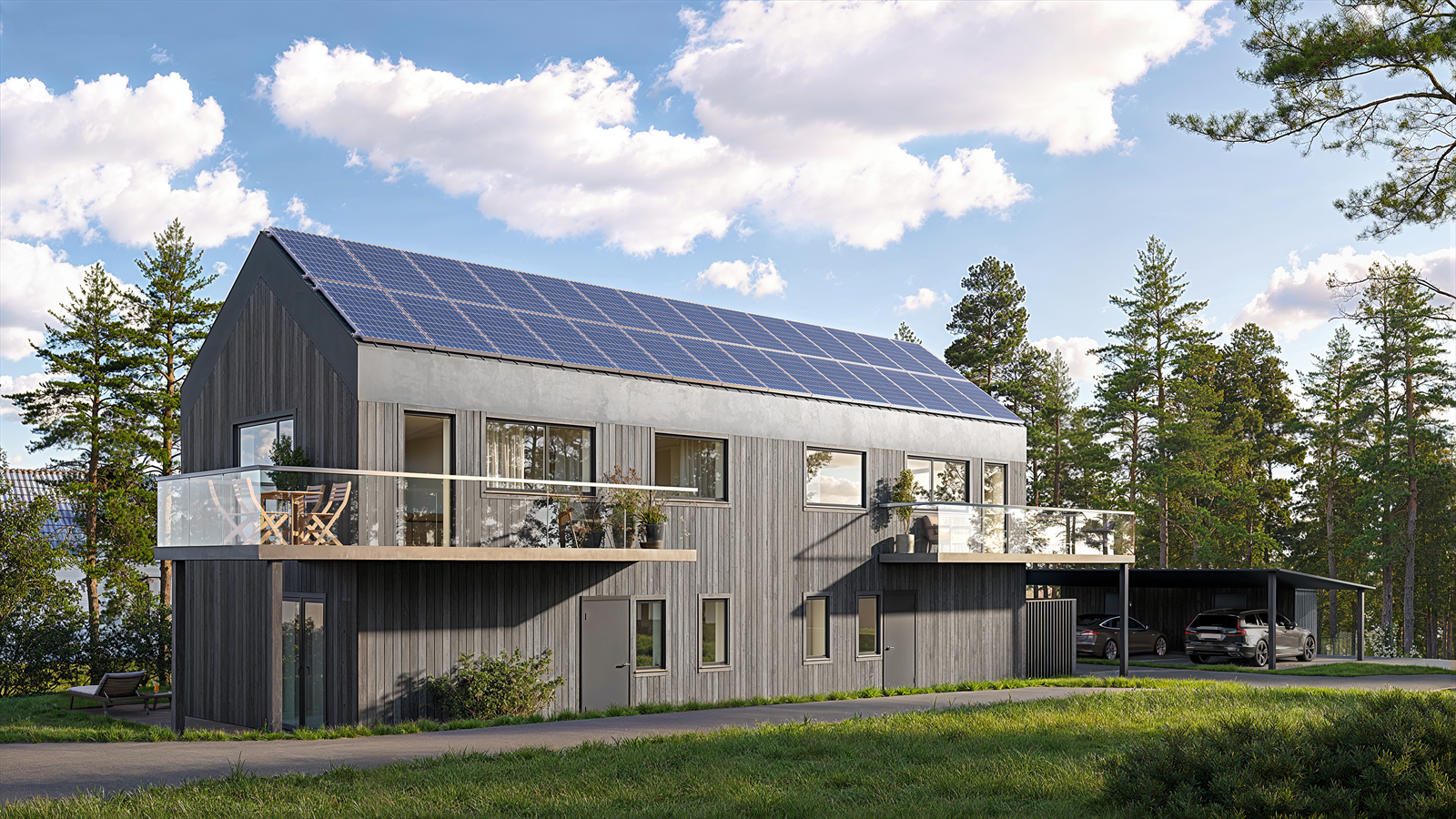 2 moderne halvpart tomannsbolig med innholdsrik planløsning i etablert boligområde på Kornsjø. Fremtidsrettet med solcelleanlegg Galleribilde