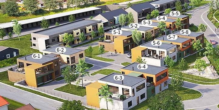 På område 6 er det bygd 4 boliger. Område 5 er grunnarbeider klargjort for samme type enebolig i rekke. Galleribilde