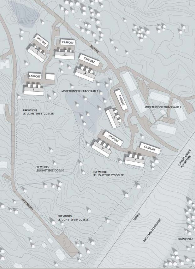 Situasjonsplan som viser planlagt plassering av de ulike husene. Kun ment som en illustrasjon og avvik kan forekomme. Galleribilde