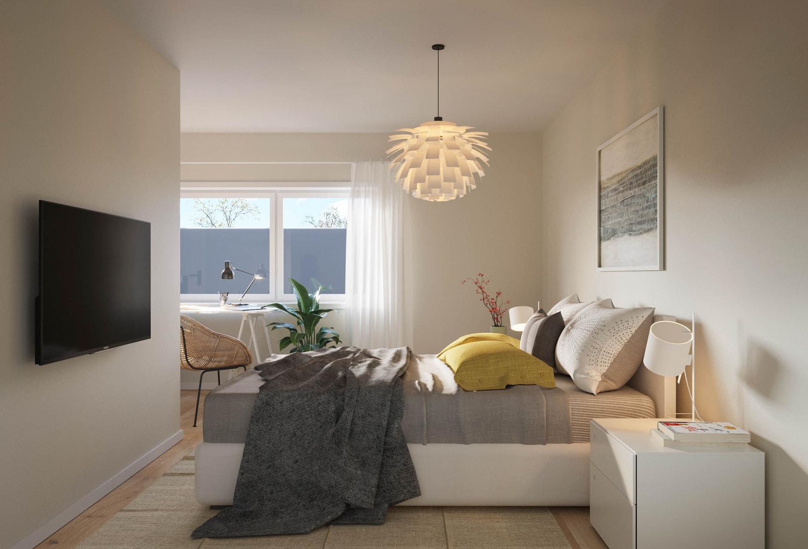 Hver bolig får tre fine soverom i andre etasje på henholdsvis 9,7, 9,7 og 14 kvm. I tillegg blir det et ekstra soverom på 10 kvm i første etasje, og dette rommet passer også perfekt som kontor. Galleribilde