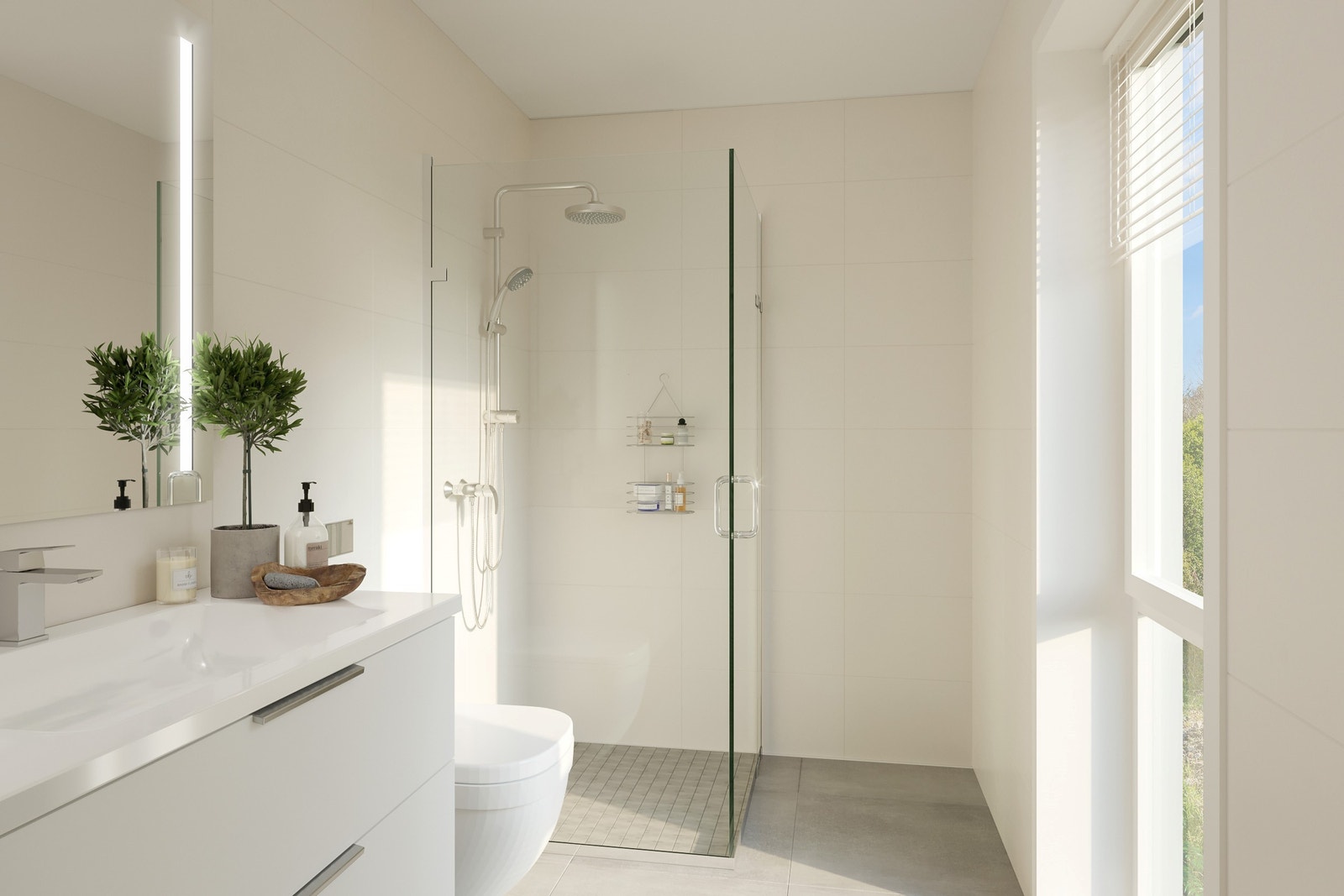 Badene får fliser på gulv og vegger, alle i valgt gråfarge (light/medium/dark grey). Galleribilde