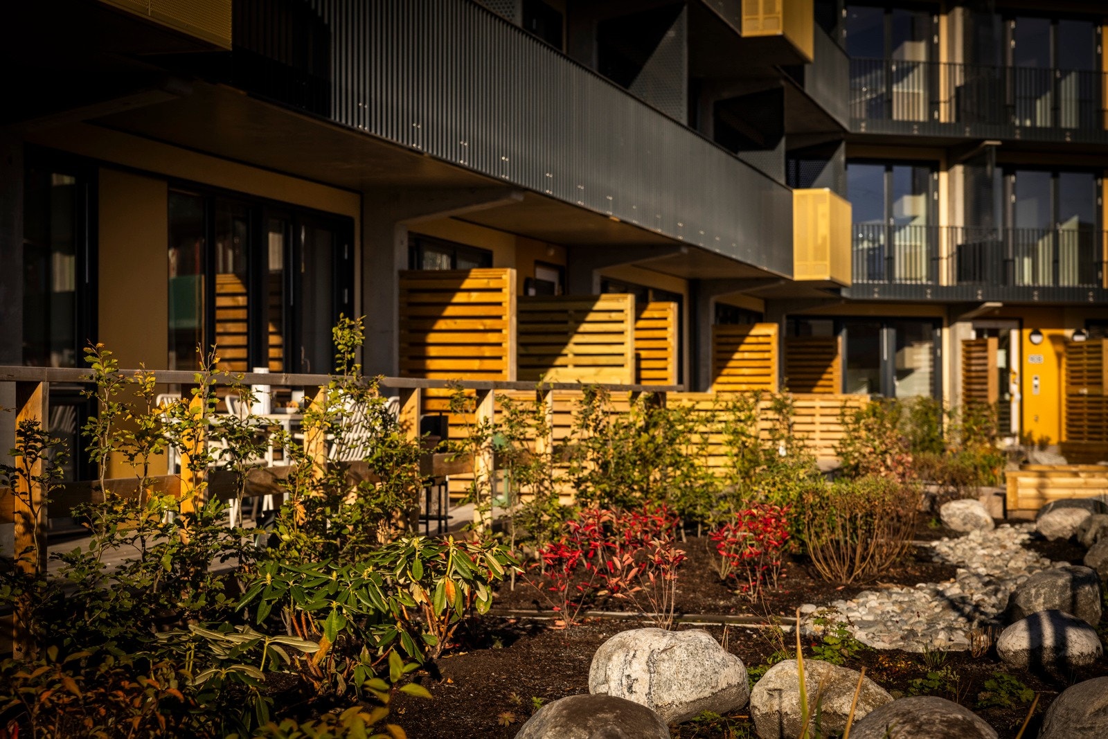 Noen av leilighetene i 1. etasje får ekstra stor markterrasse som er avgrenset med grønt mot regnvannsbed Galleribilde