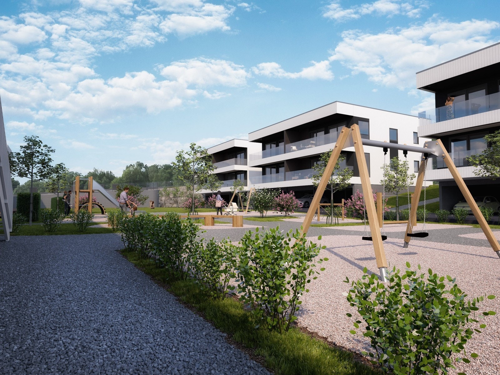 Illustrasjon av østre del av prosjektet. Lekeplass og leilighetsbygg med parkeringskjeller. Galleribilde