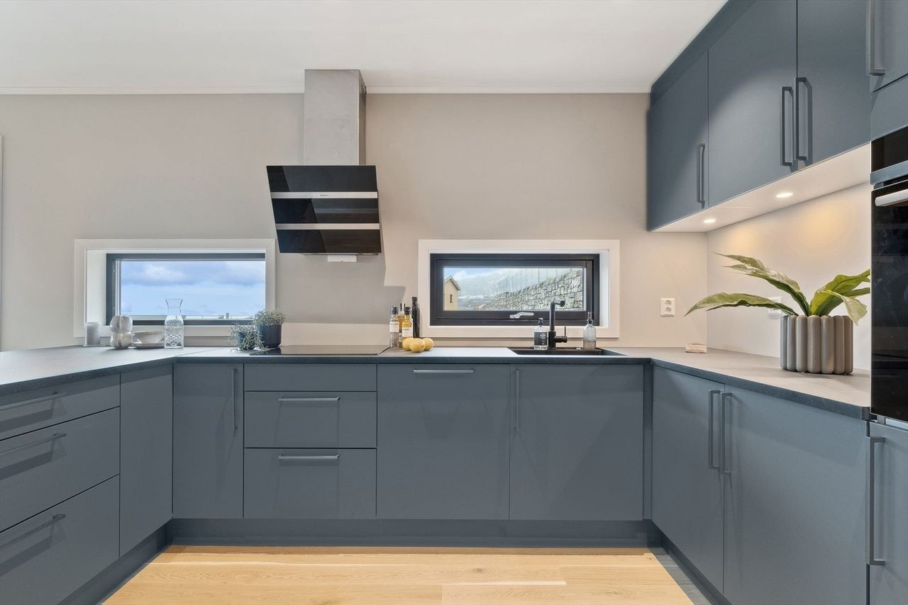 Vinduer mot vest som gir rikelig med naturlig lys inn på kjøkkenbenken Galleribilde