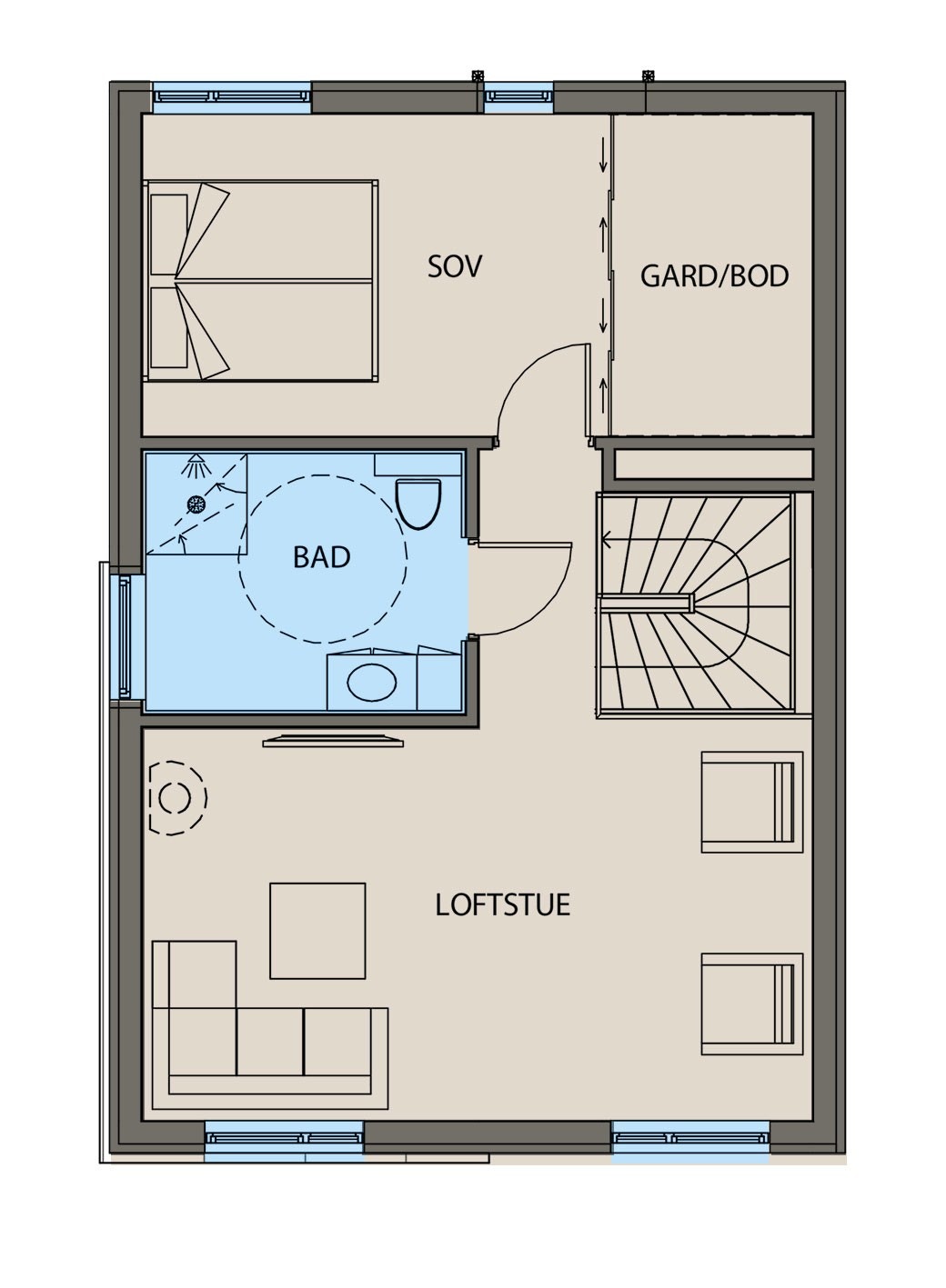 Alternativ planløsning 3. etasje hvis man velger en løsning uten hybel Galleribilde