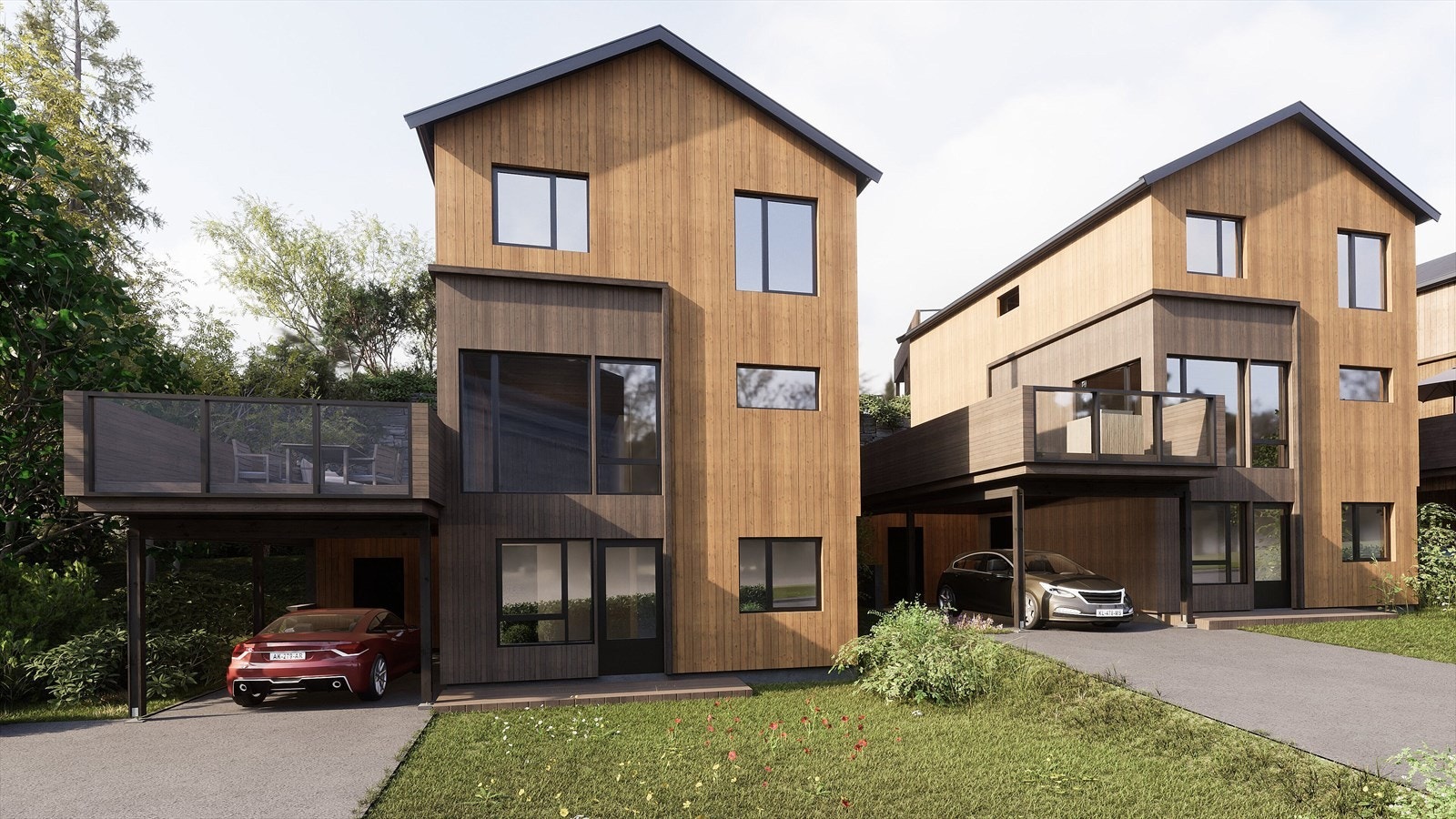 Illustrasjon av begge eneboligene med carport og hybelløsning i 1. etasje med egen inngang. Galleribilde