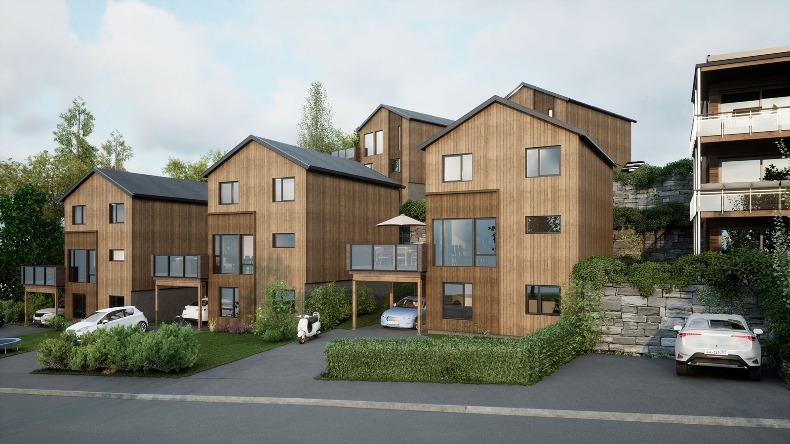 Illustrasjon av 3 eneboliger hvor den til høyre er bygget og brukes som visningsbolig! Galleribilde