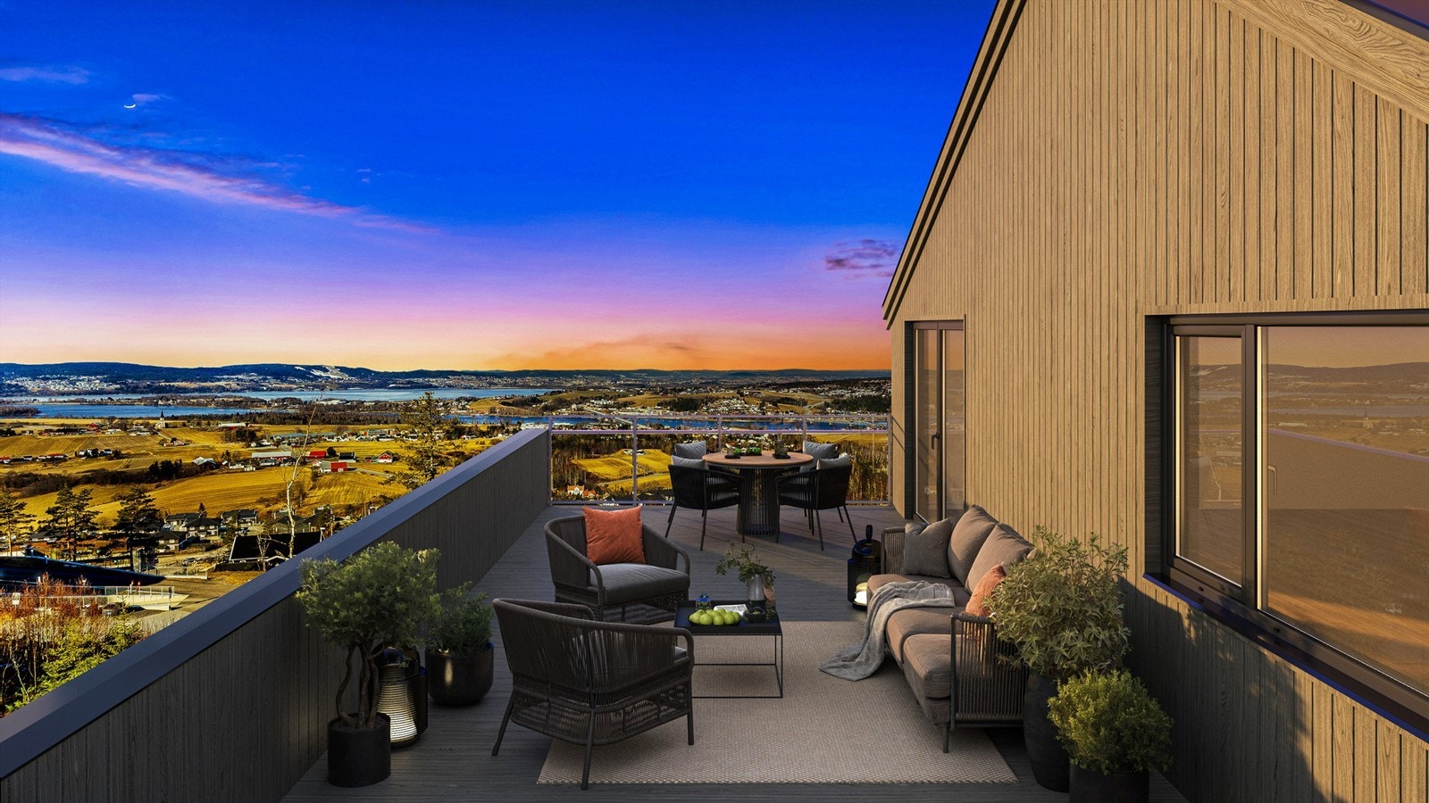 Takterrasse med panoramautsikt over Øyeren-deltaet, Glomma, Lillestrøm, Rælingen og Enebakk. Galleribilde