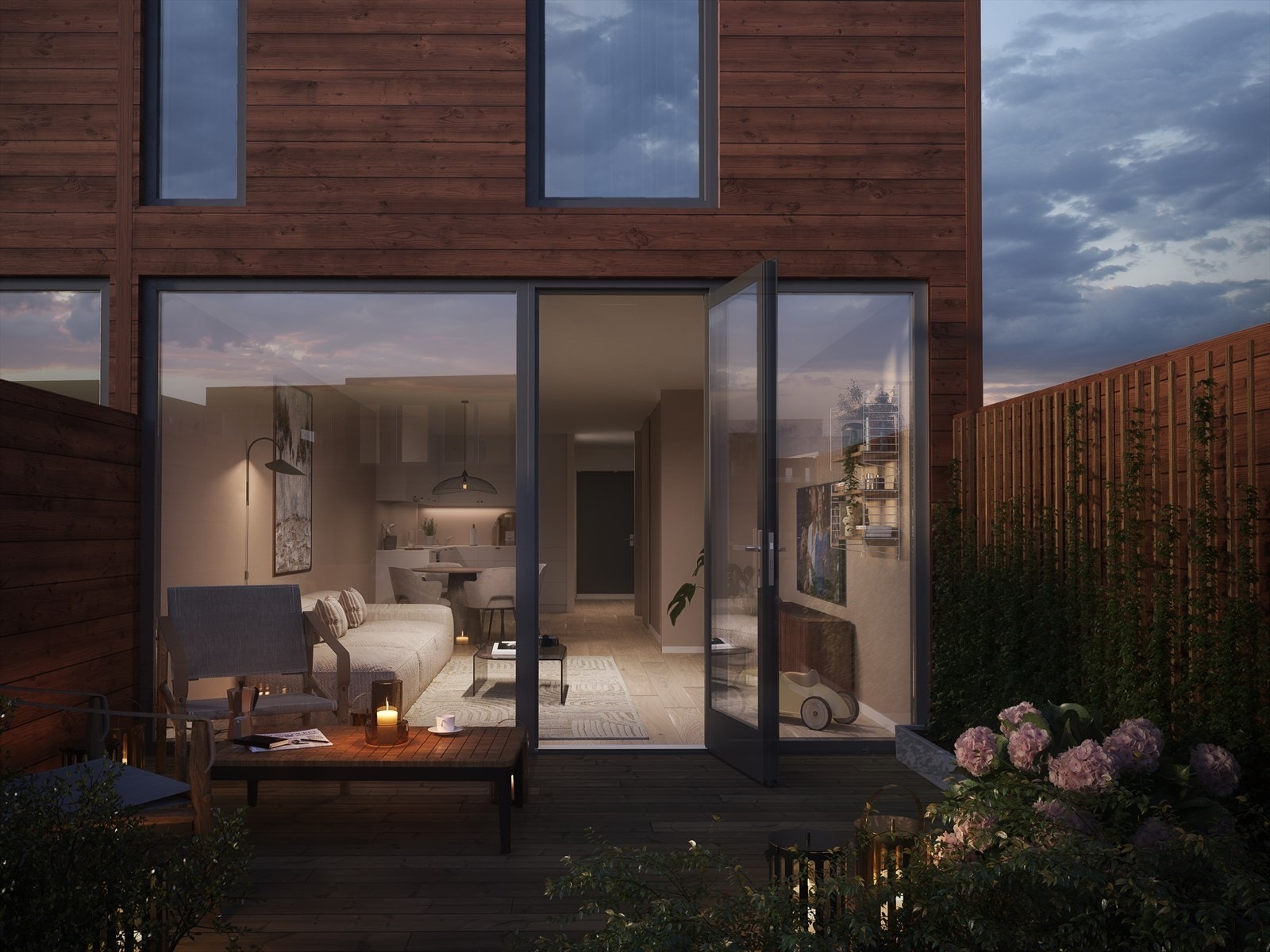 Det blir ellers herlige terrasser både ved inngangspartiet og utenfor stuen, i tillegg til at enkelte av rekkehusene får utgang til takterrasse fra andre eller tredje etasje. Galleribilde