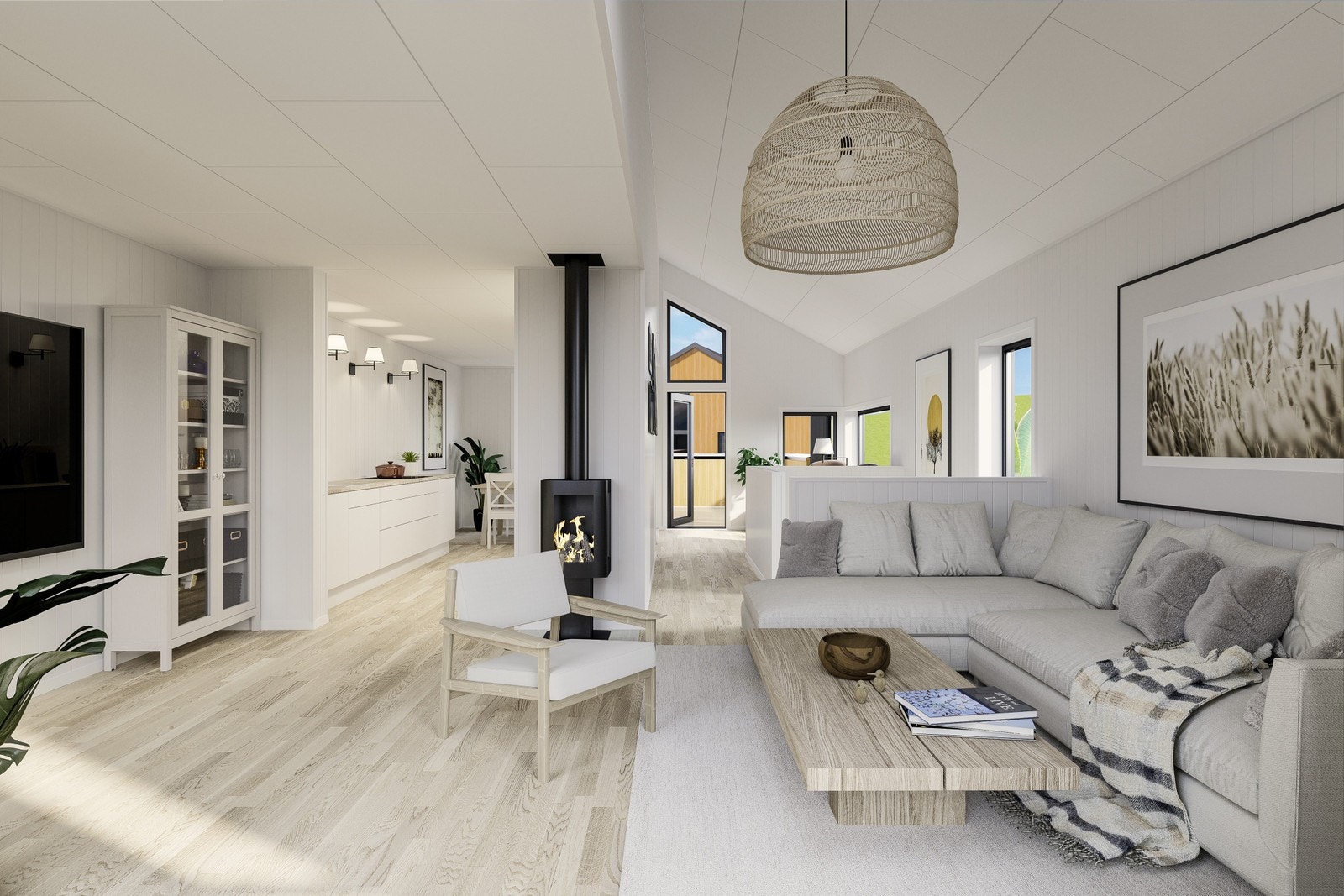 Illustrasjon Rekkehus A1, 2.etg (kan avvike): Romslig stue-/lounge område med ovn, utgang til veranda mot vest med ettermiddag og kveldssol. Galleribilde