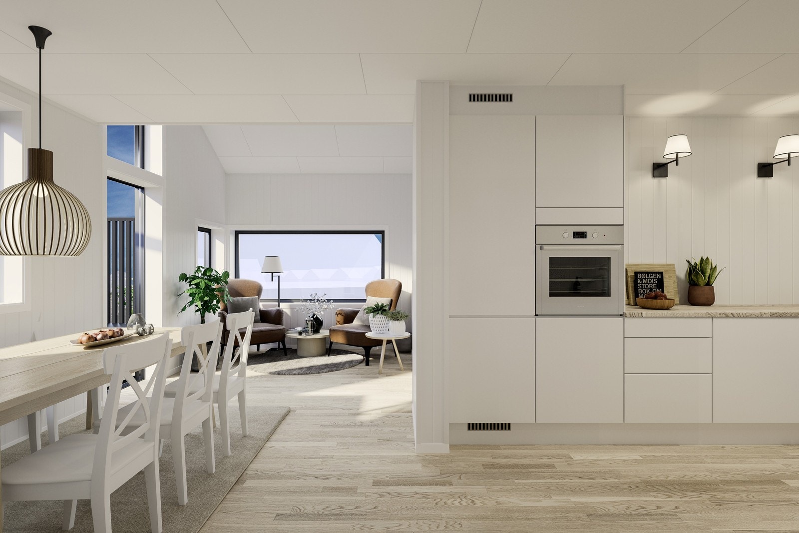 Illustrasjon Rekkehus A1, 2.etg (kan avvike): Romslig spiseplass i tilknytning kjøkkenet og trivelig avslappingskrok. Utgang til veranda mot øst, der morgen kaffen kan nytes. Galleribilde