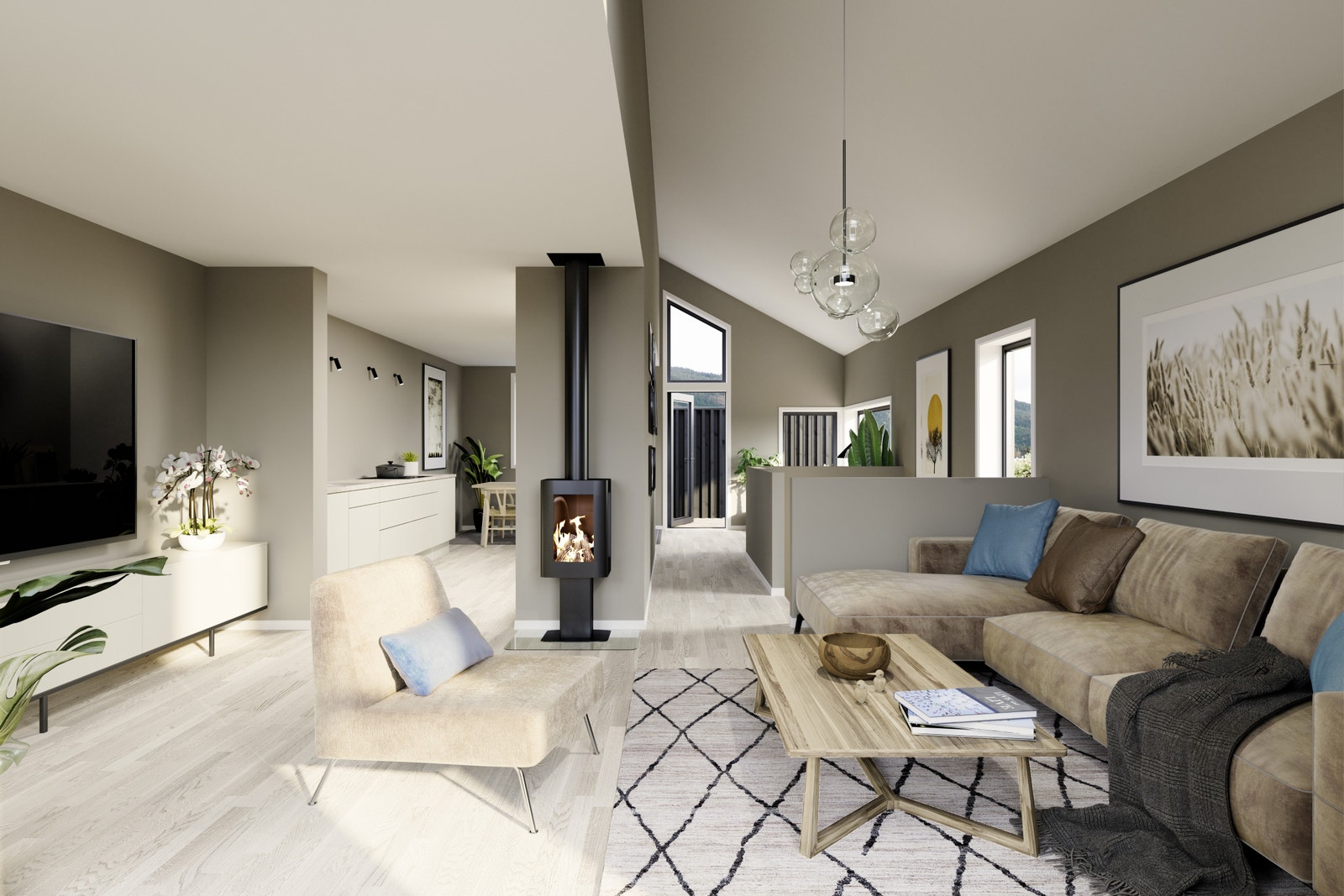 Illustrasjon Rekkehus A1, 2.etg (kan avvike): Oppgradert versjon: listefritt tak-vegg, glatt tak og forskjellig farge tak-vegg. Galleribilde