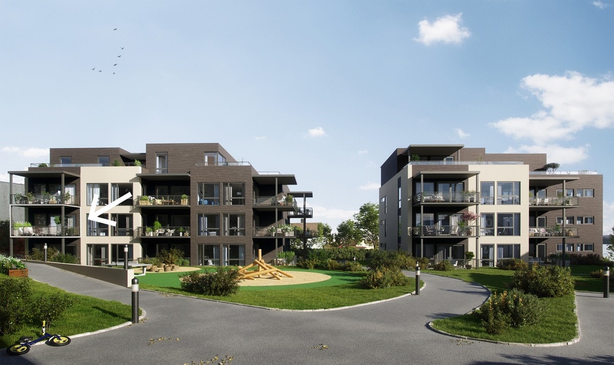 3D tegning av bygget med merket plassering av leilighet Galleribilde