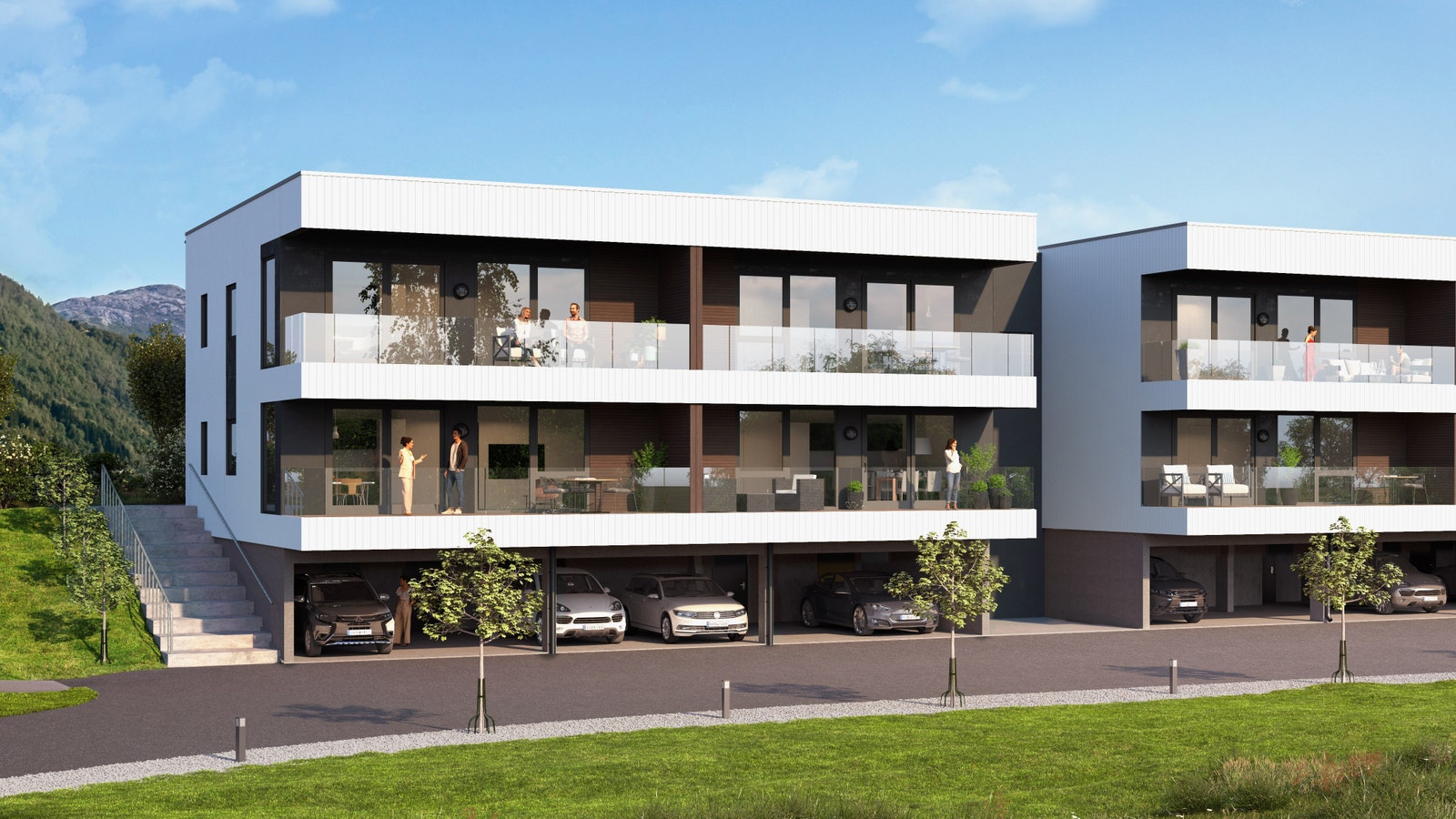 Illustrasjon leilighetsbygg med parkeringskjeller Galleribilde