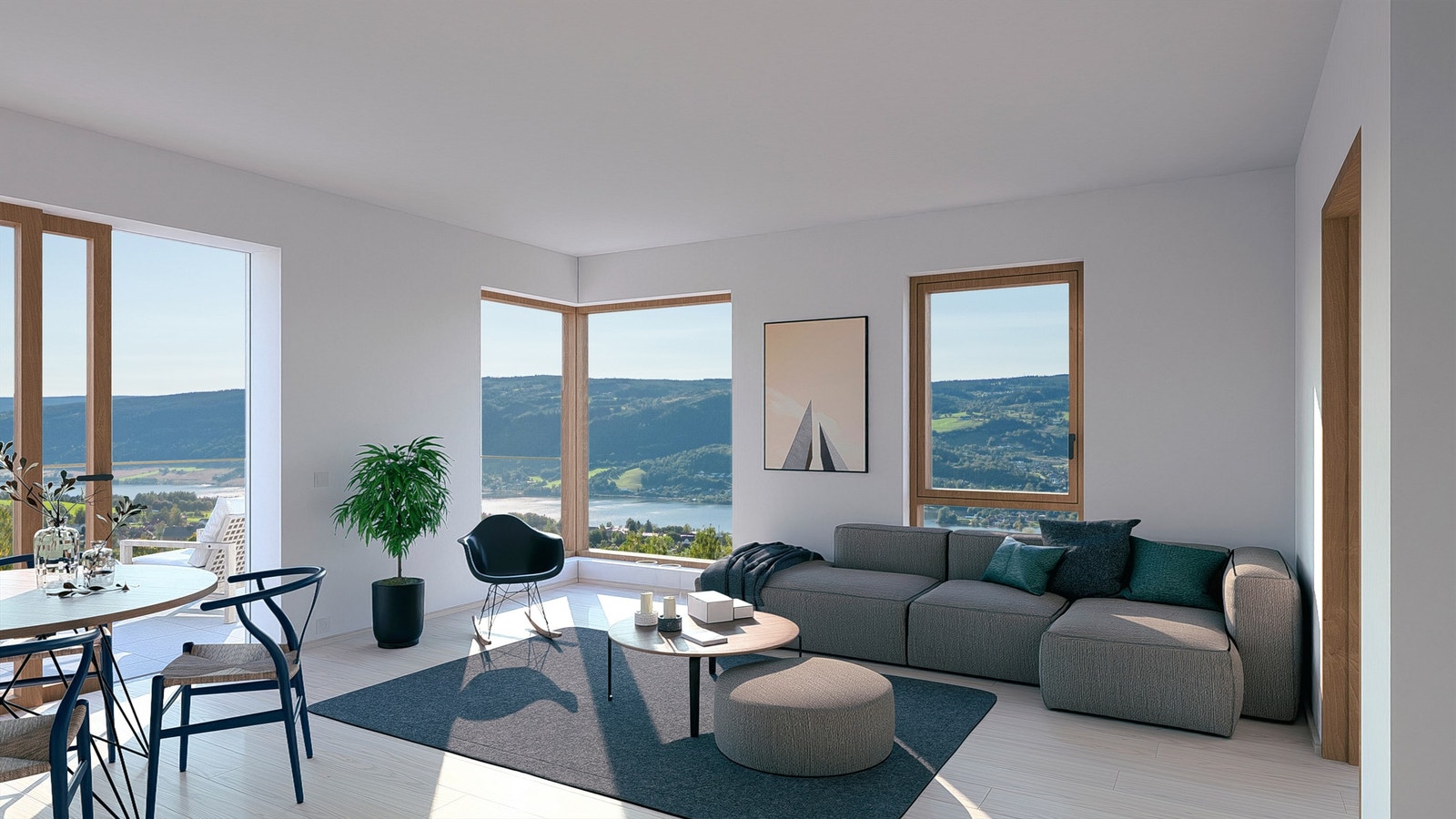 Arkitektene bak prosjektet er opptatt av utsikten fra alle leilighetene. Store vinduer, private skjermede uteplasser og massevis av sol! Her vist fra stuemiljøet i leilighet 405. Dette er en illustrasjon - avvik vil forekomme. Galleribilde