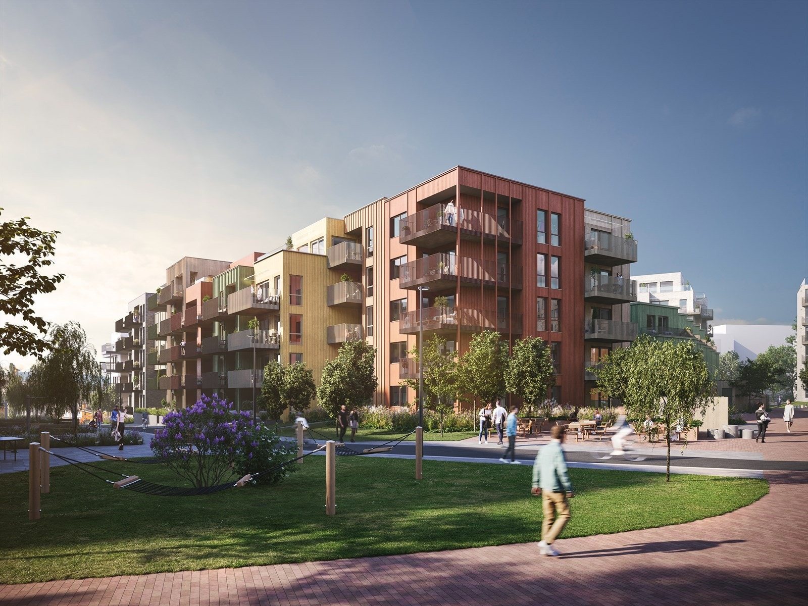 Fasade av bygg A på Byhagen sett fra Torget. Det gjøres oppmerksom på at 3D bildet er en illustrasjon, og endringer vil forekomme. Galleribilde