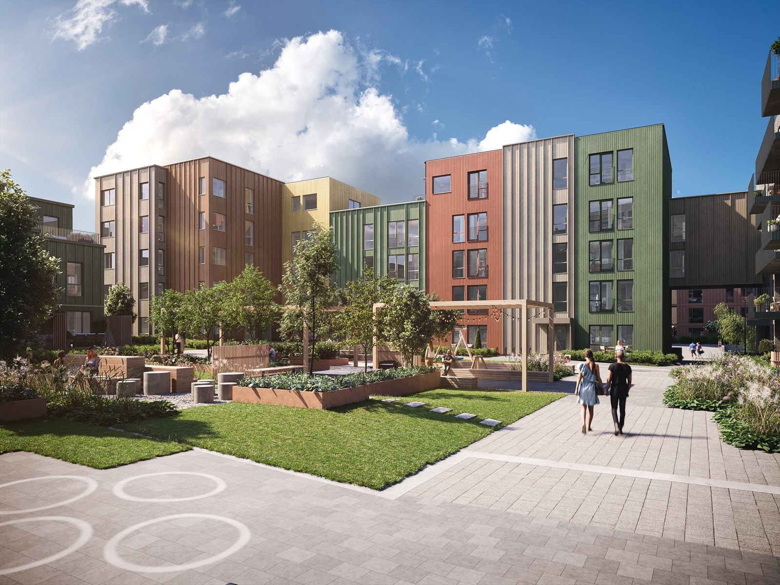 Byhagen vil ha en stor felleshage i bakgården - her blir det opparbeidet hyggelige uteområder som skal innby til felles sosiale sammenkomster. Det gjøres oppmerksom på at 3D bildet er en illustrasjon, og endringer vil forekomme. Galleribilde