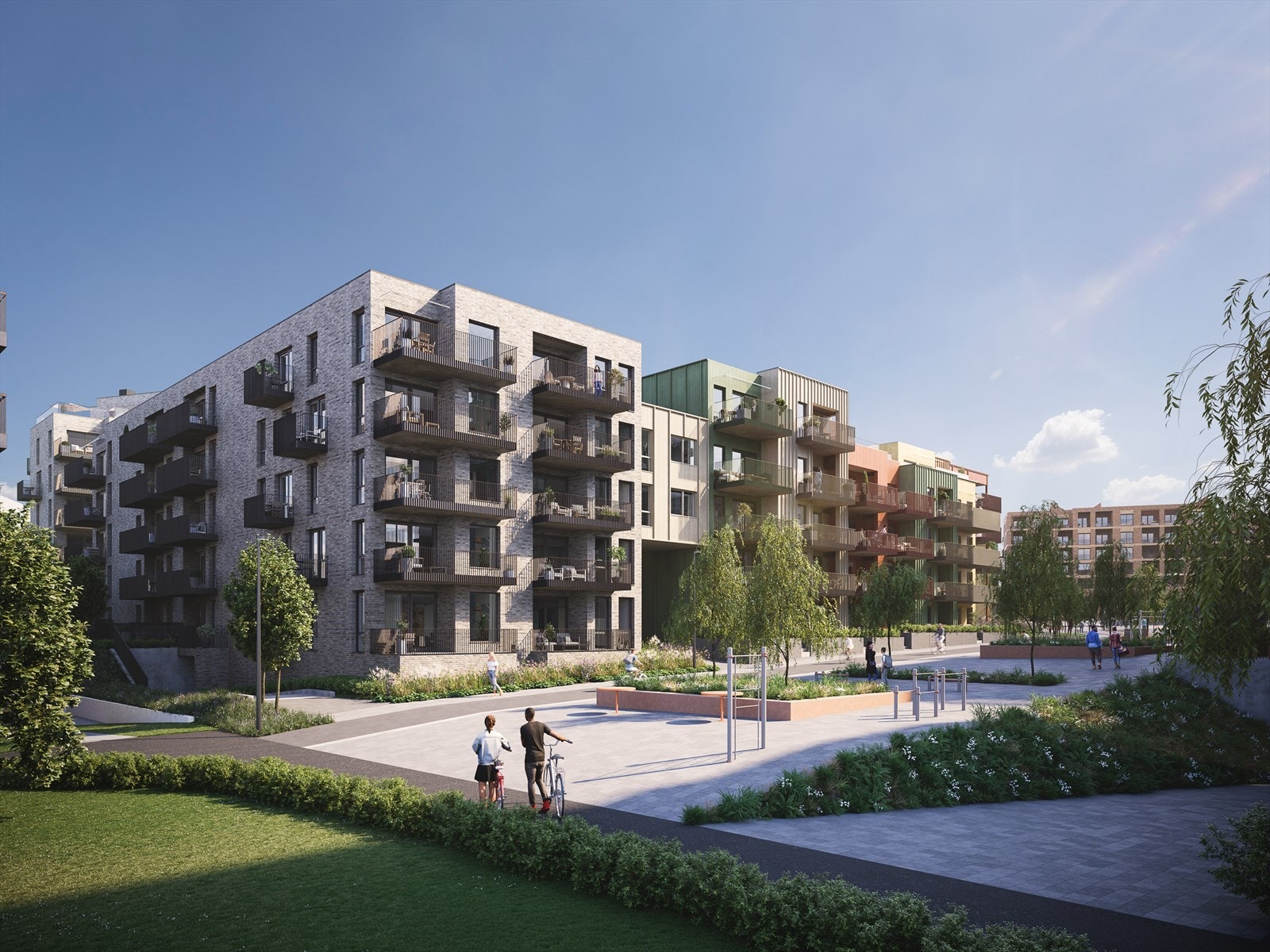 Fasade av bygg A og B på Byhagen sett fra Gildheimsvegen. Det gjøres oppmerksom på at 3D bildet er en illustrasjon, og endringer vil forekomme. Galleribilde