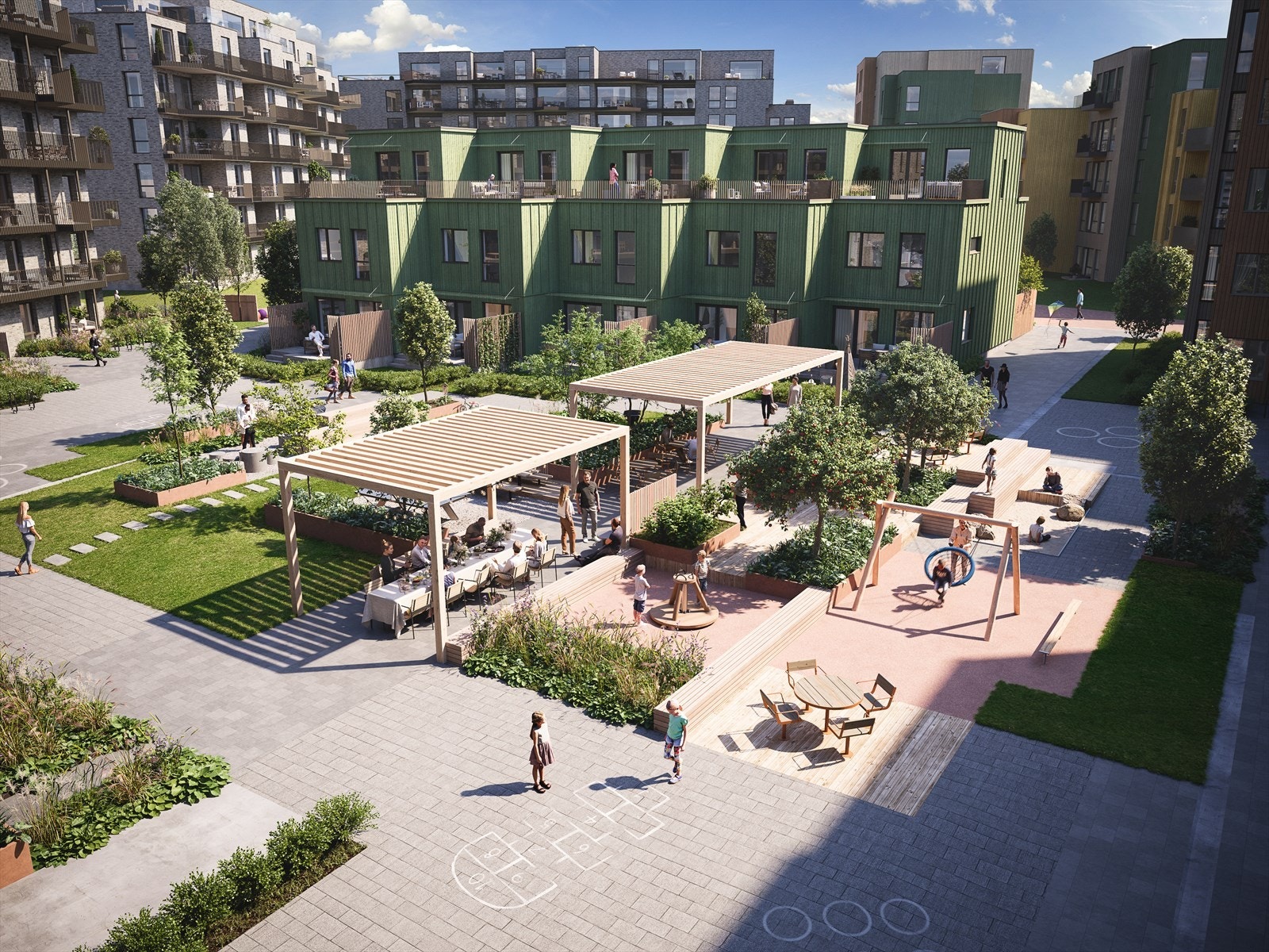 Hagen i bakgården vil opparbeides med installasjoner både for store og små. Det gjøres oppmerksom på at 3D bildet er en illustrasjon, og endringer vil forekomme. Galleribilde