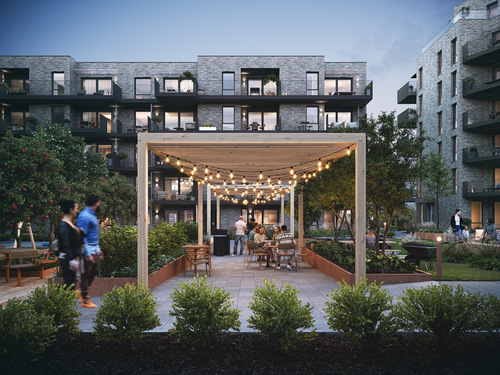 Illustrasjon fra hagen i bakgården. Det gjøres oppmerksom på at 3D bildet er en illustrasjon, og endringer vil forekomme. Galleribilde