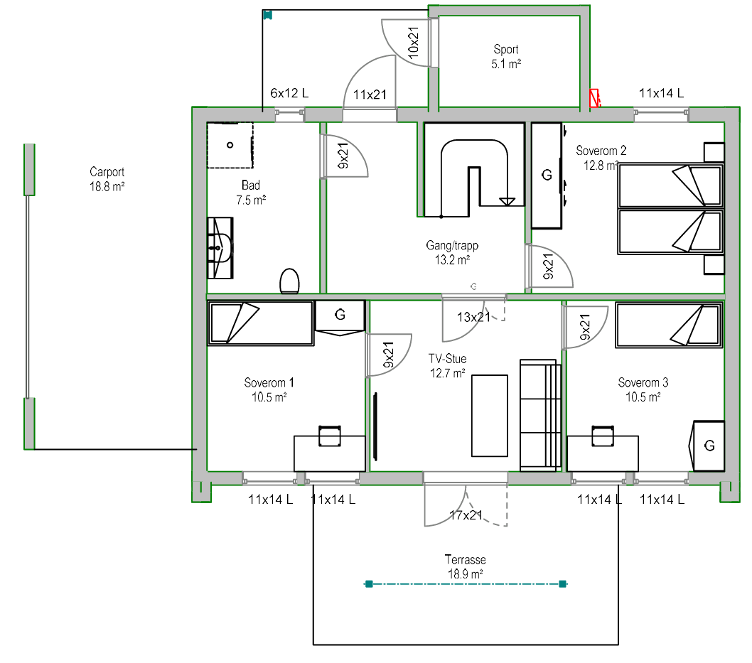 Boligens planløsning i 1. etasjen Galleribilde