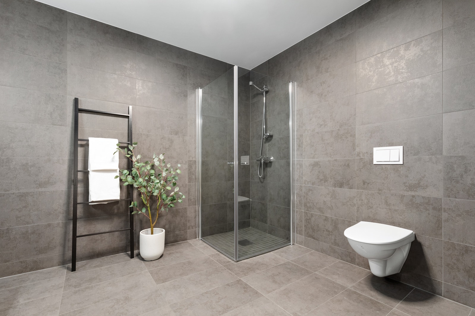 Dusjhjørne med glasveggar og vegghengt toalett. Galleribilde