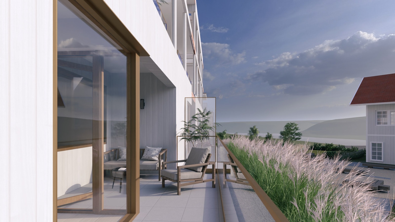 Utsikten fra balkongen til leilighet 208 er fantastisk mot Mjøsa. Illustrasjon, avvik vil forekomme. Galleribilde