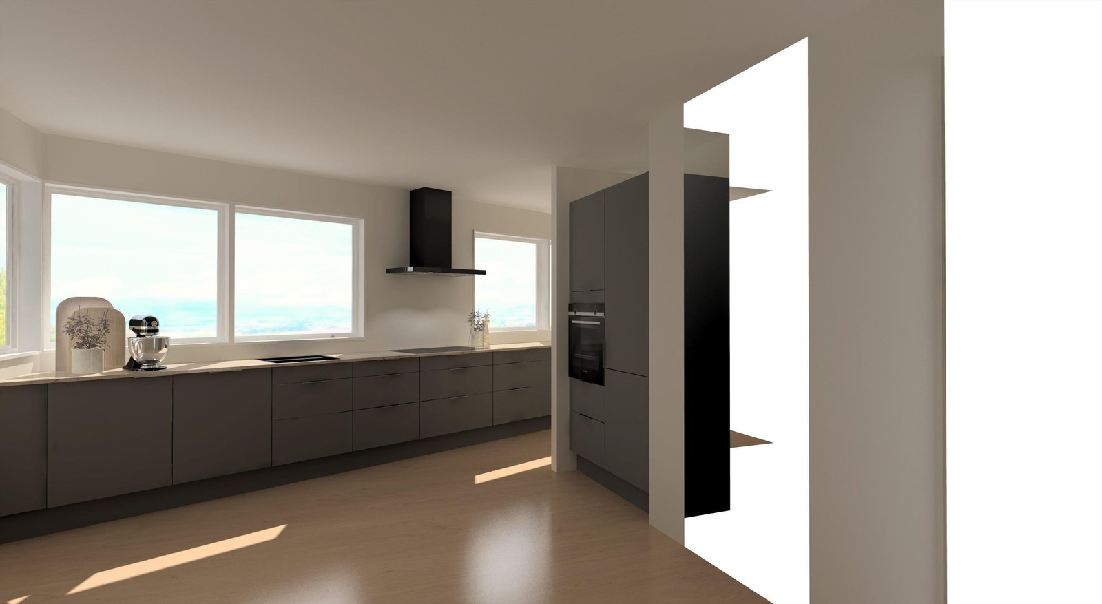 Kjøkkenet er levert av den norske kvalitetsleverandøren Sigdal, med god skap/benkeplass. Modellen heter Vidde Granitt, håndtak leveres av type Edge antikk brun og med laminat benkeplate som har underlimt vask fra Franke, modell Maris. Galleribilde